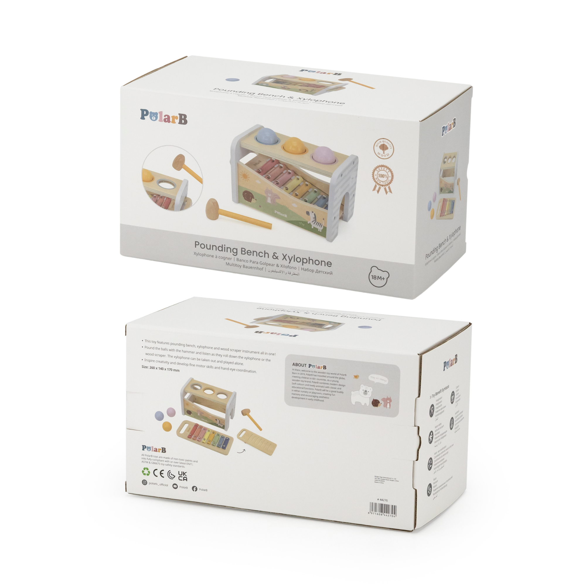لعبة بولار بي الموسيقية 2 في 1، مقعد خشبي للضرب مع إكسيليفون للأطفال الصغار - لعبة حسية مستوحاة من مونتيسوري، مناسبة للأعمار من 18 شهرًا فما فوق
