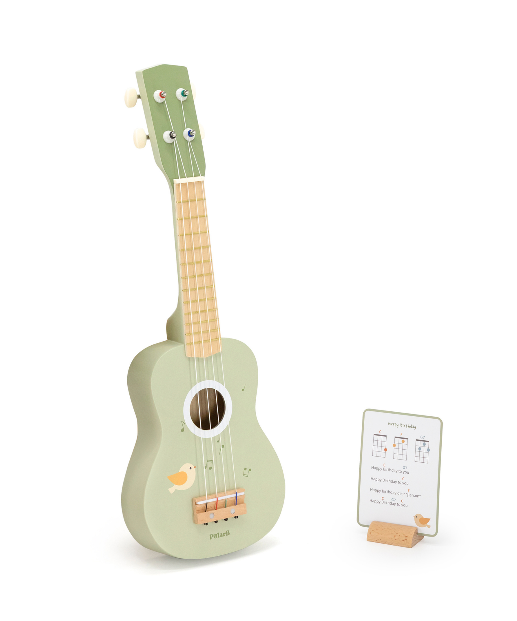 يوكاليل خشبي من PolarB للأطفال، آلة موسيقية خضراء مع نوتة موسيقية، لعبة تعليمية موسيقية للأطفال الصغار من سن 3 سنوات فما فوق