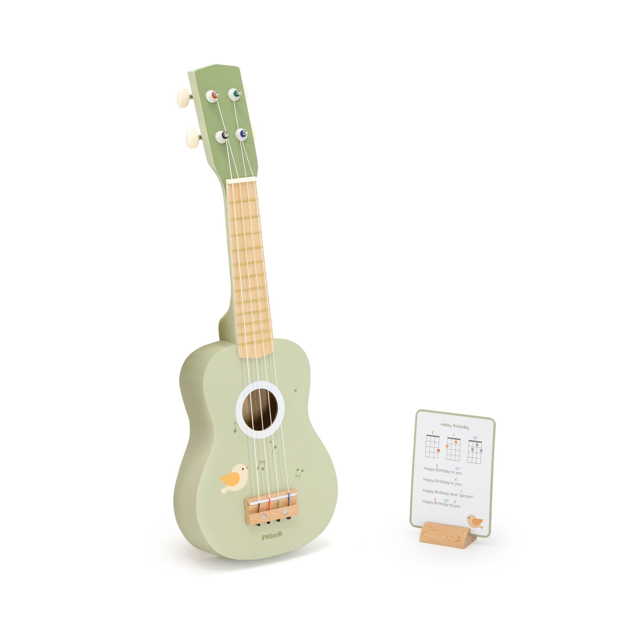 يوكاليل خشبي من PolarB للأطفال، آلة موسيقية خضراء مع نوتة موسيقية، لعبة تعليمية موسيقية للأطفال الصغار من سن 3 سنوات فما فوق