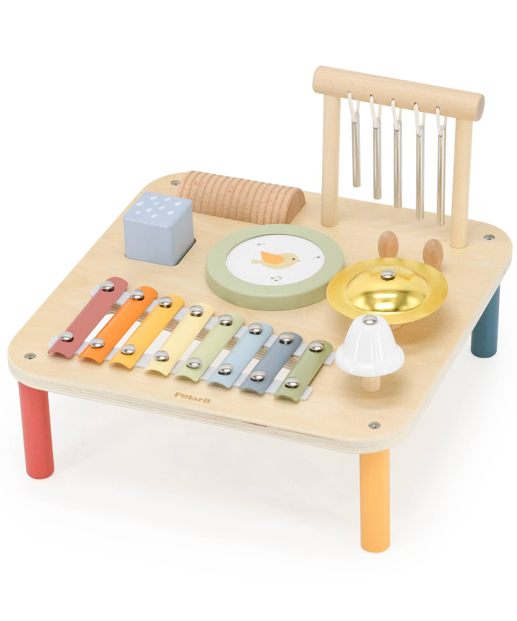 PolarB Wooden Musical Activity Table for Toddlers, Multi-Instrument Music Toy Includes Xylophone, Drum, Gong, Bell and More, for Ages 18 Months and Up
