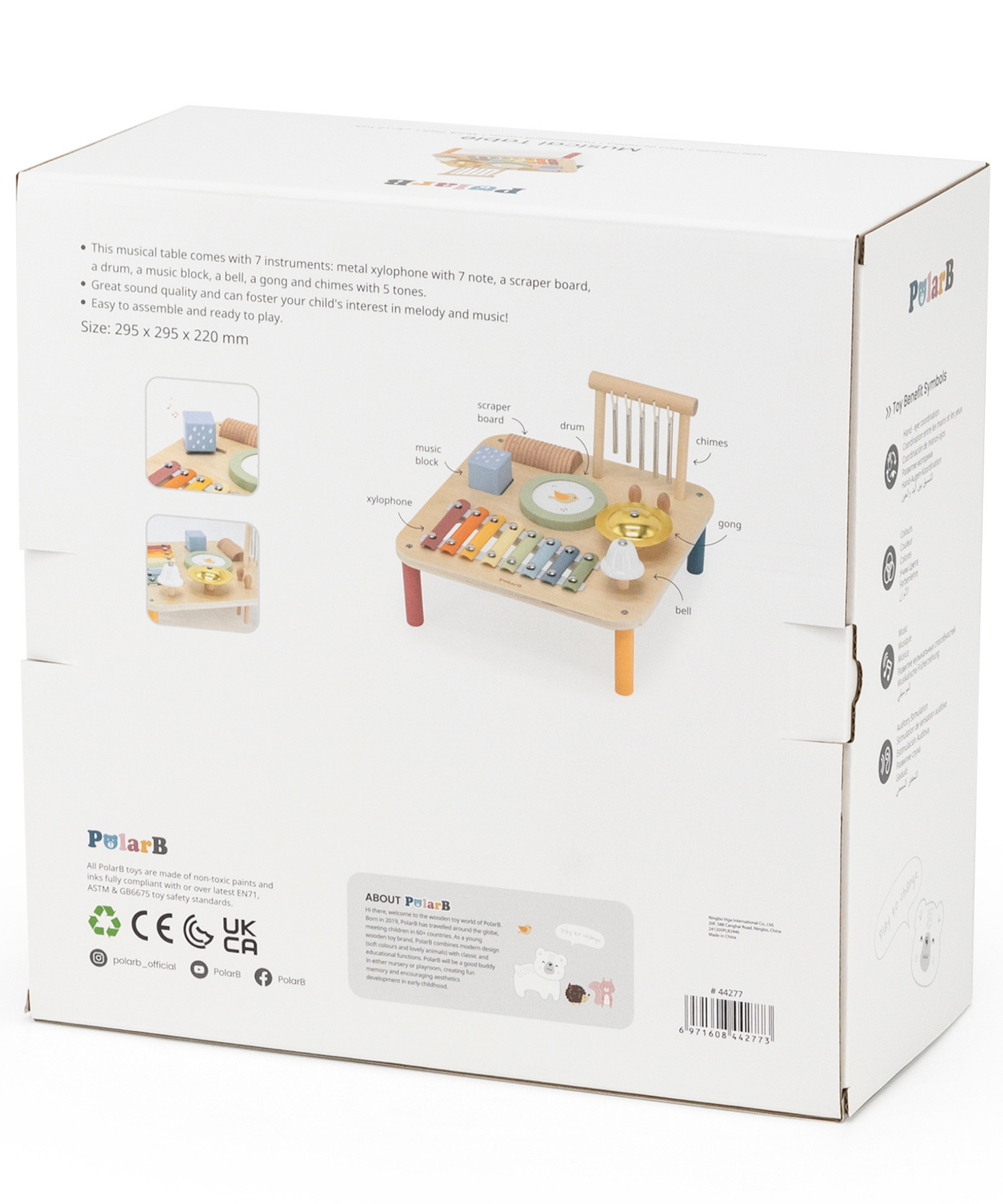 PolarB Wooden Musical Activity Table for Toddlers, Multi-Instrument Music Toy Includes Xylophone, Drum, Gong, Bell and More, for Ages 18 Months and Up