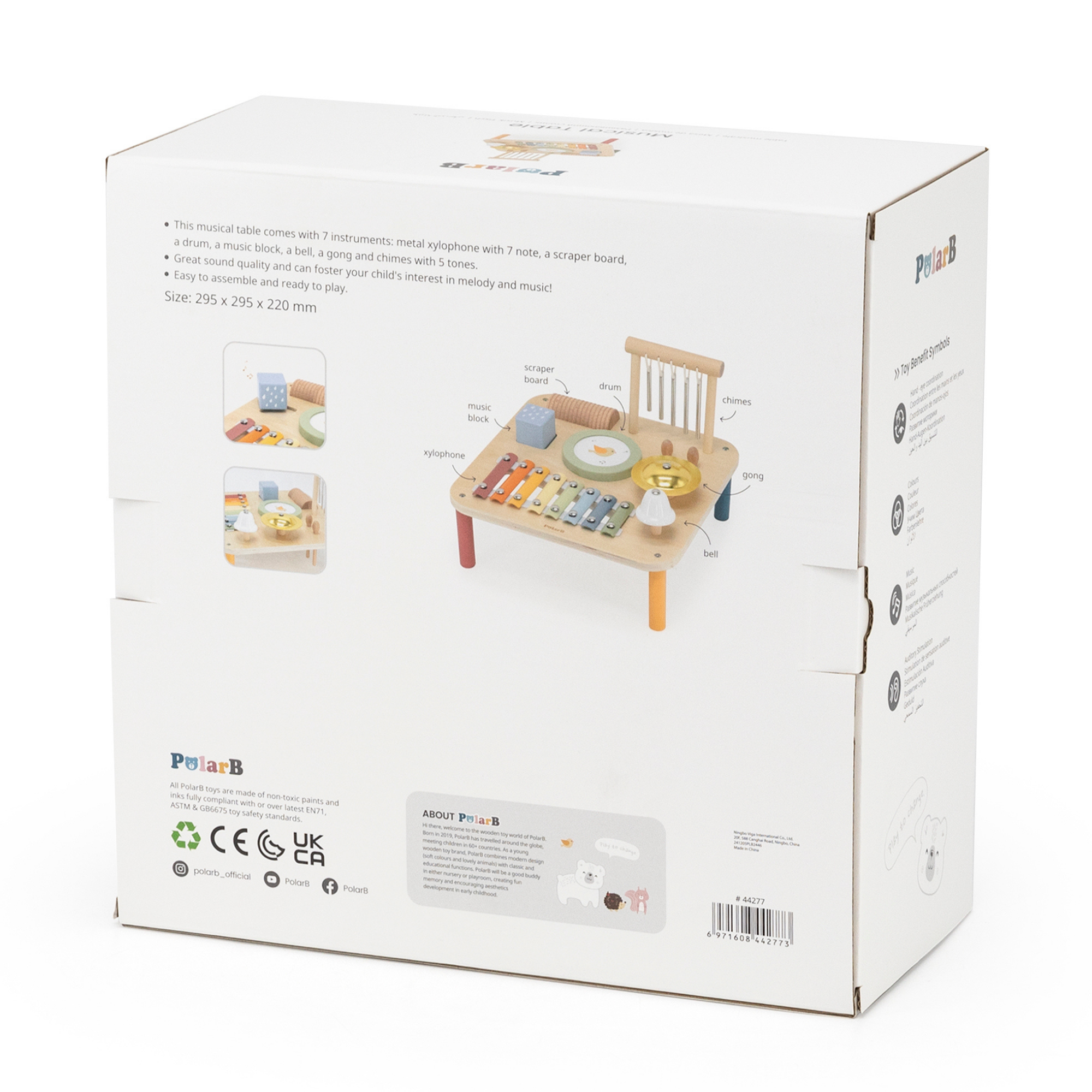 PolarB Wooden Musical Activity Table for Toddlers, Multi-Instrument Music Toy Includes Xylophone, Drum, Gong, Bell and More, for Ages 18 Months and Up