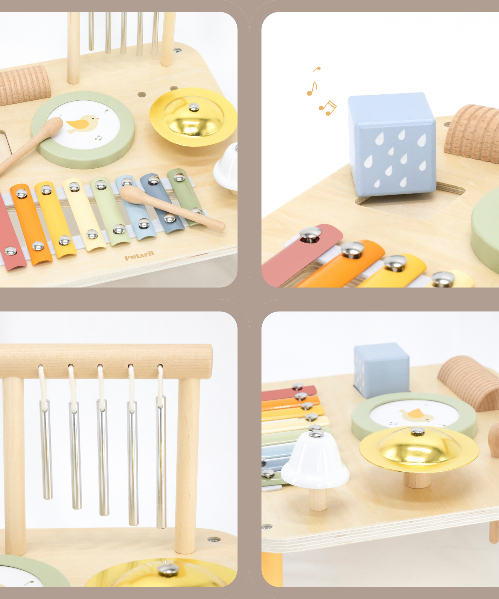 PolarB Wooden Musical Activity Table for Toddlers, Multi-Instrument Music Toy Includes Xylophone, Drum, Gong, Bell and More, for Ages 18 Months and Up