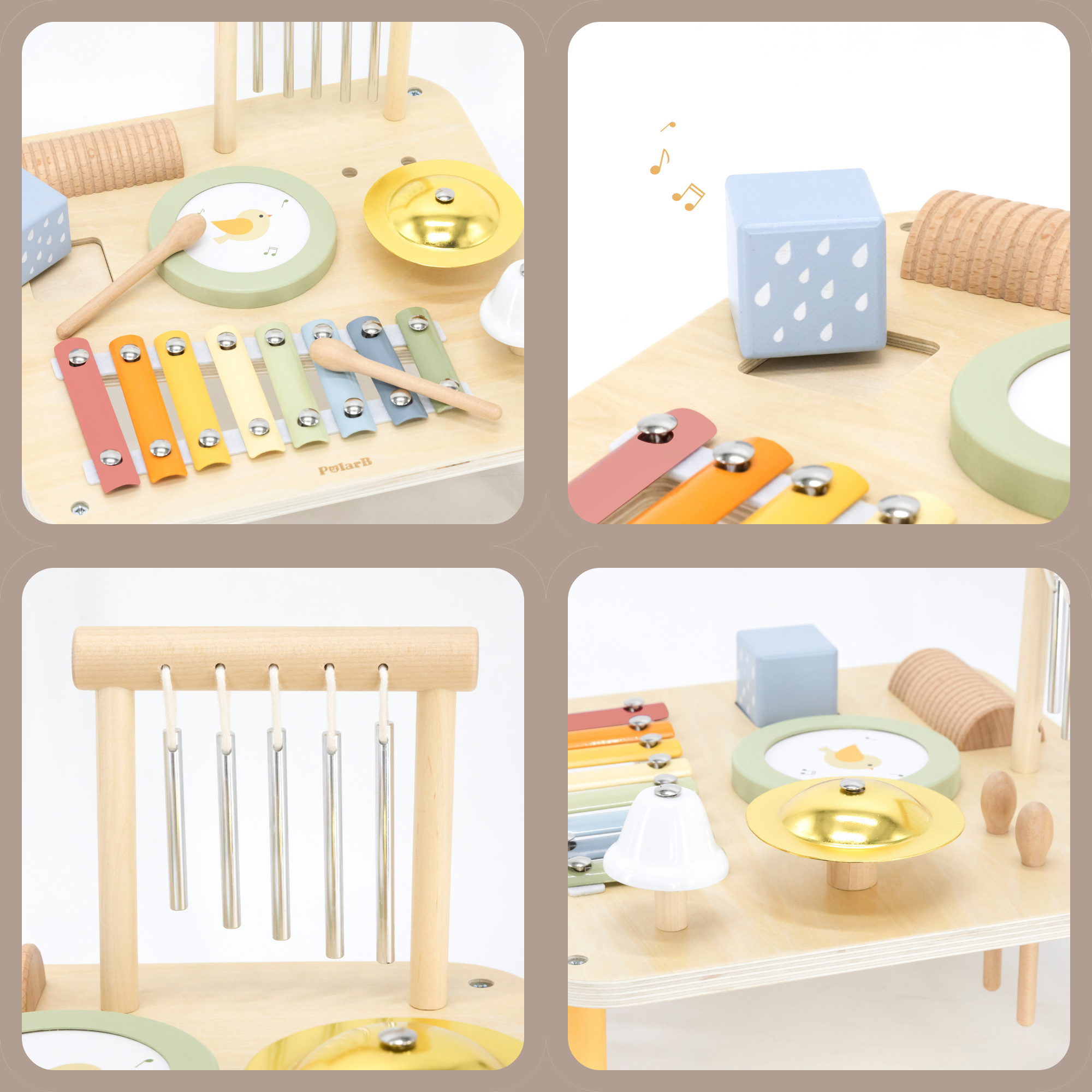 PolarB Wooden Musical Activity Table for Toddlers, Multi-Instrument Music Toy Includes Xylophone, Drum, Gong, Bell and More, for Ages 18 Months and Up