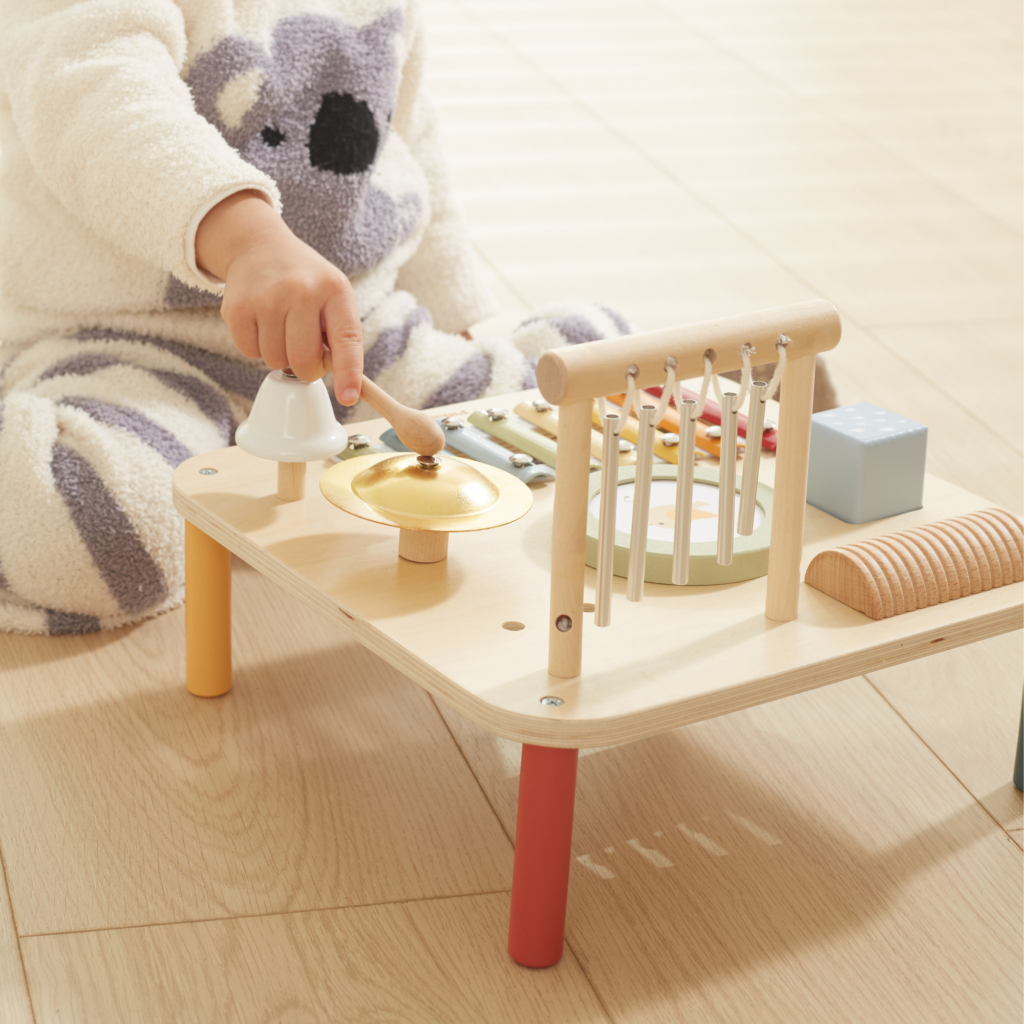 PolarB Wooden Musical Activity Table for Toddlers, Multi-Instrument Music Toy Includes Xylophone, Drum, Gong, Bell and More, for Ages 18 Months and Up