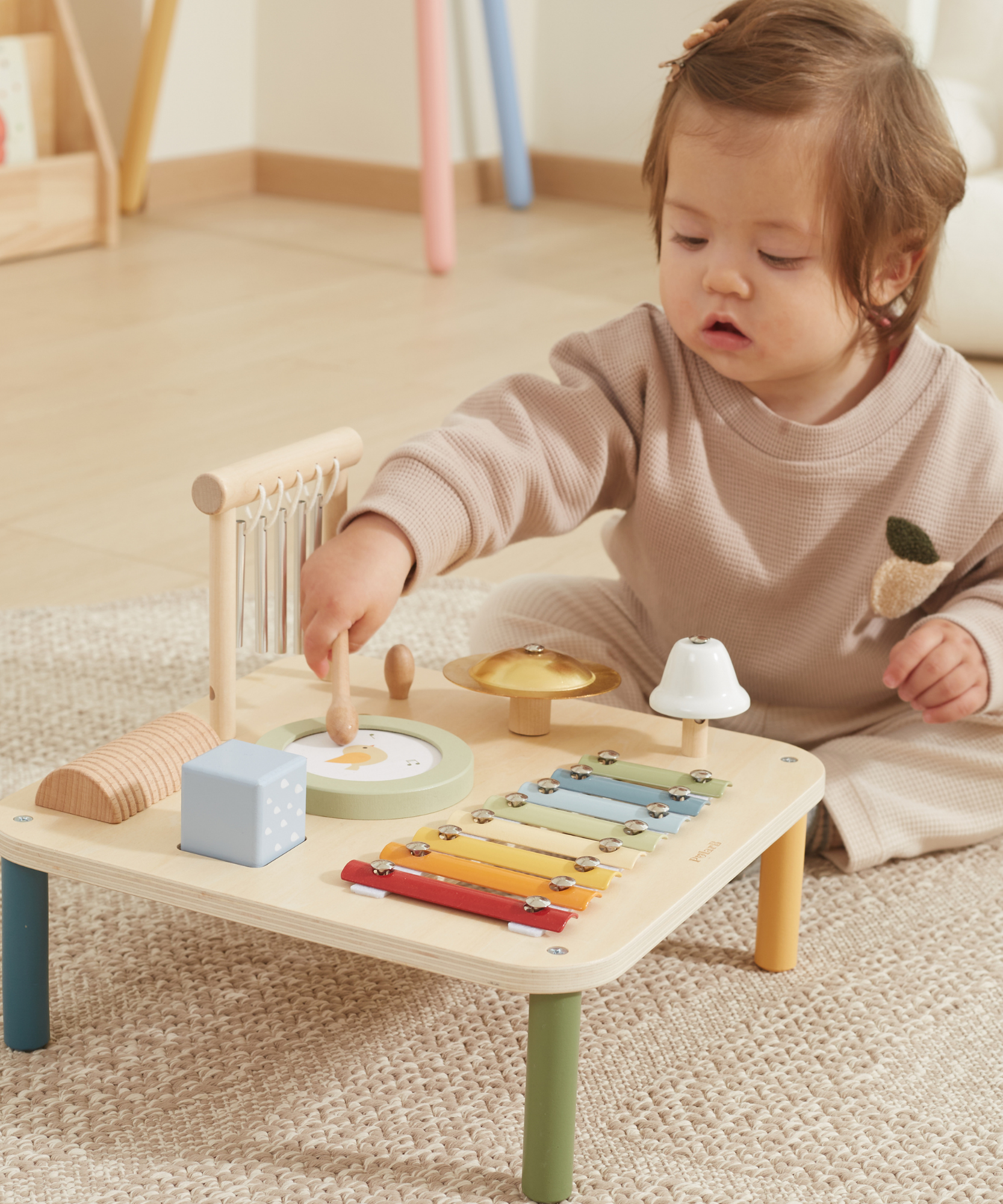 PolarB Wooden Musical Activity Table for Toddlers, Multi-Instrument Music Toy Includes Xylophone, Drum, Gong, Bell and More, for Ages 18 Months and Up