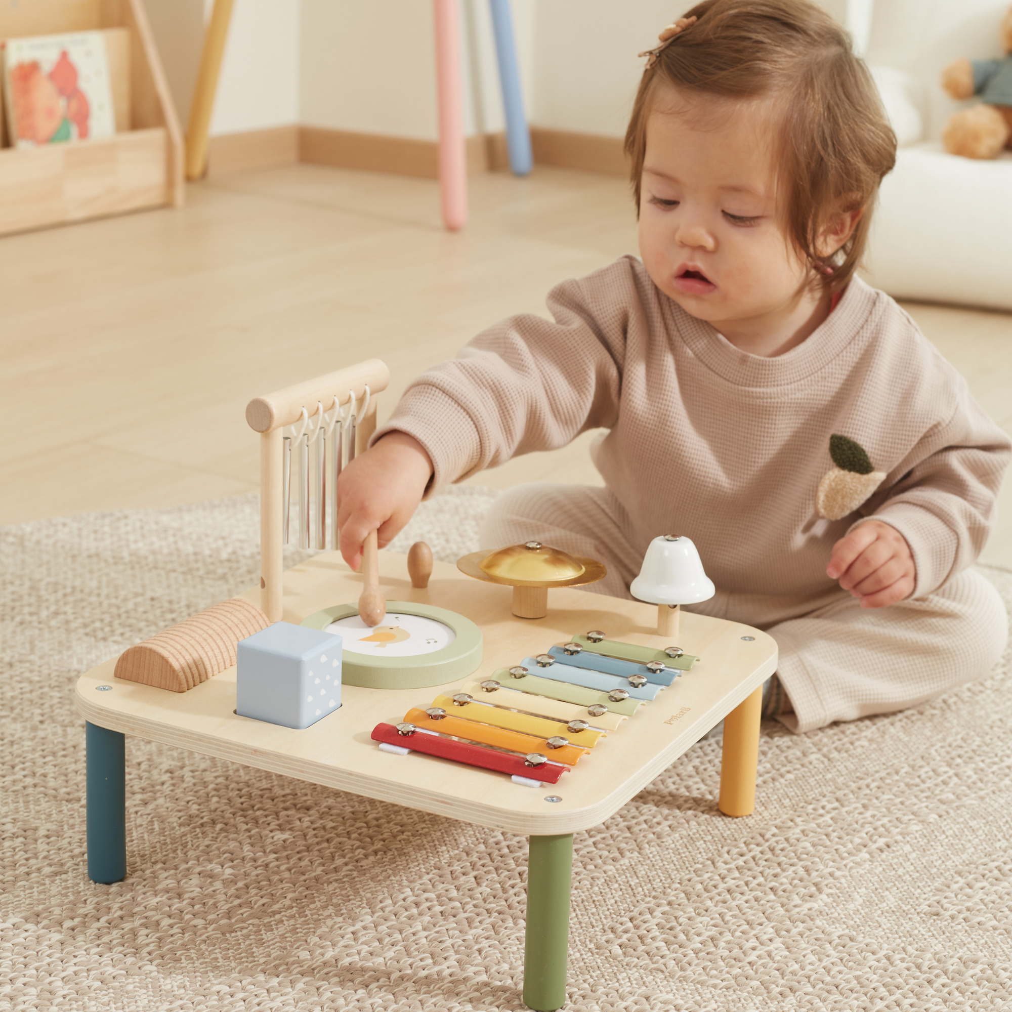 PolarB Wooden Musical Activity Table for Toddlers, Multi-Instrument Music Toy Includes Xylophone, Drum, Gong, Bell and More, for Ages 18 Months and Up