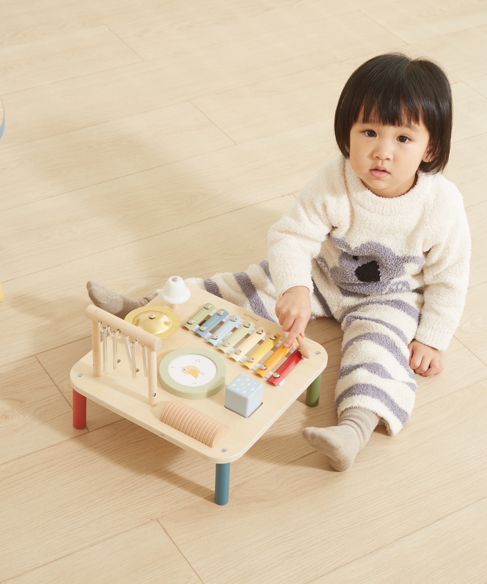 PolarB Wooden Musical Activity Table for Toddlers, Multi-Instrument Music Toy Includes Xylophone, Drum, Gong, Bell and More, for Ages 18 Months and Up