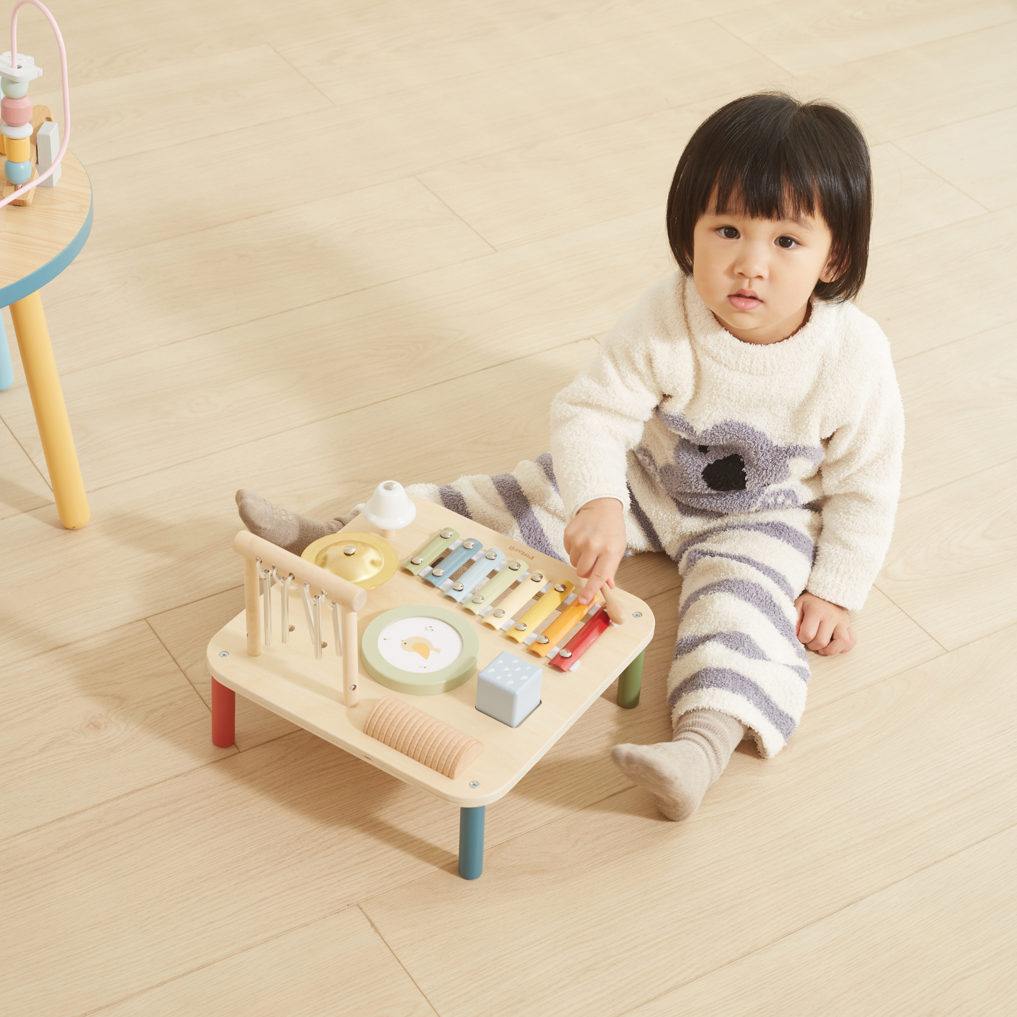 PolarB Wooden Musical Activity Table for Toddlers, Multi-Instrument Music Toy Includes Xylophone, Drum, Gong, Bell and More, for Ages 18 Months and Up