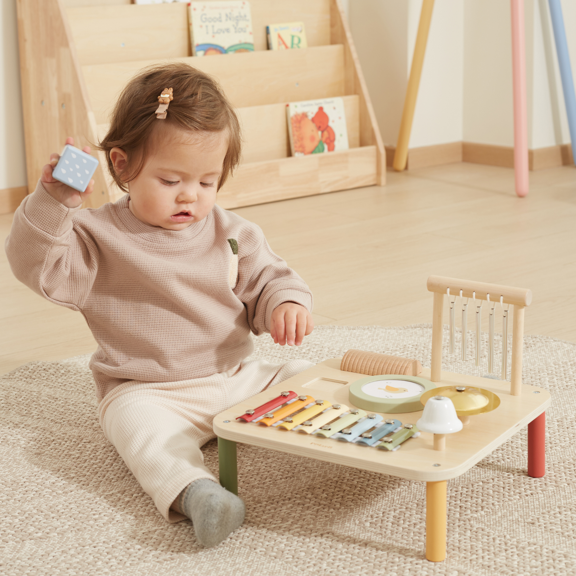 PolarB Wooden Musical Activity Table for Toddlers, Multi-Instrument Music Toy Includes Xylophone, Drum, Gong, Bell and More, for Ages 18 Months and Up