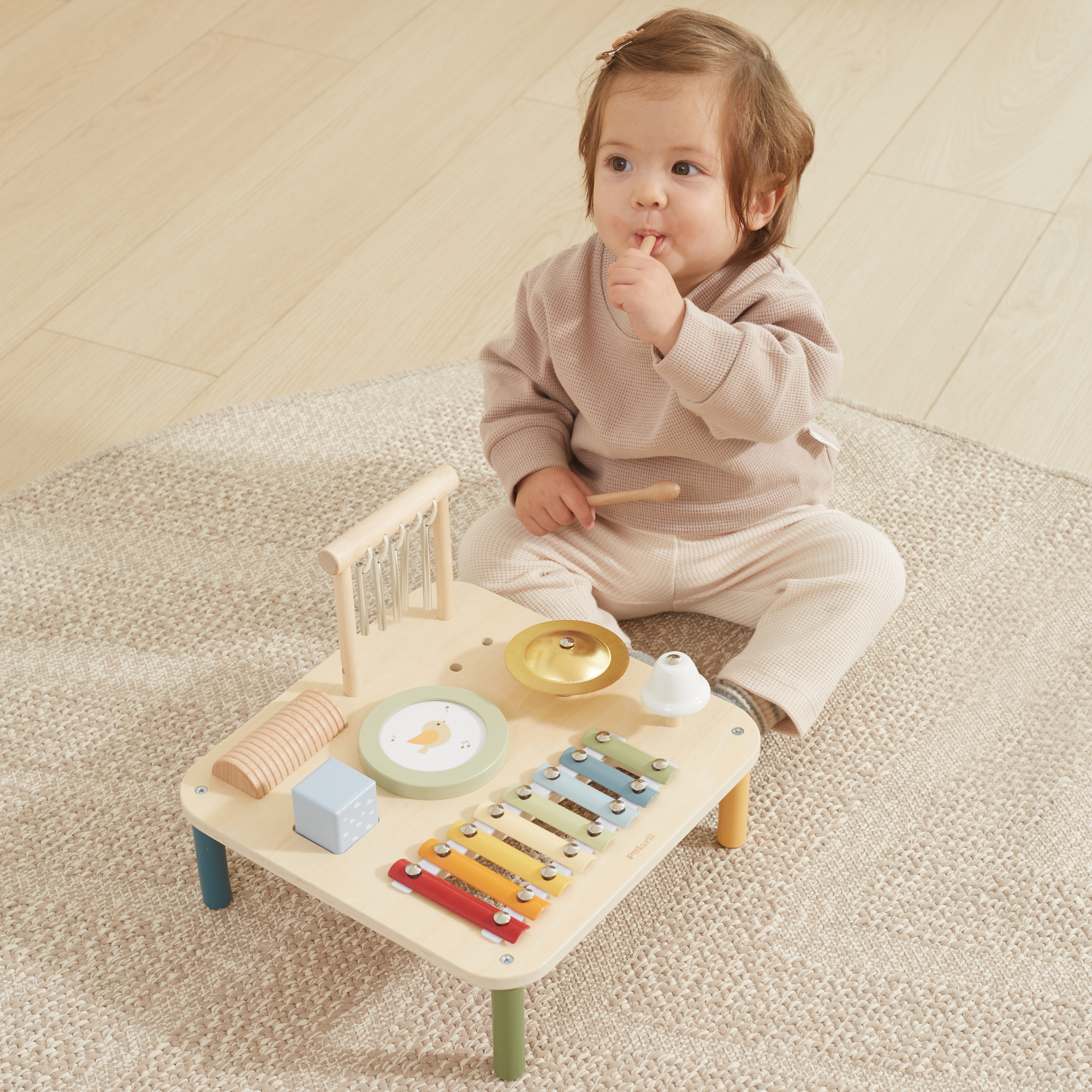 PolarB Wooden Musical Activity Table for Toddlers, Multi-Instrument Music Toy Includes Xylophone, Drum, Gong, Bell and More, for Ages 18 Months and Up