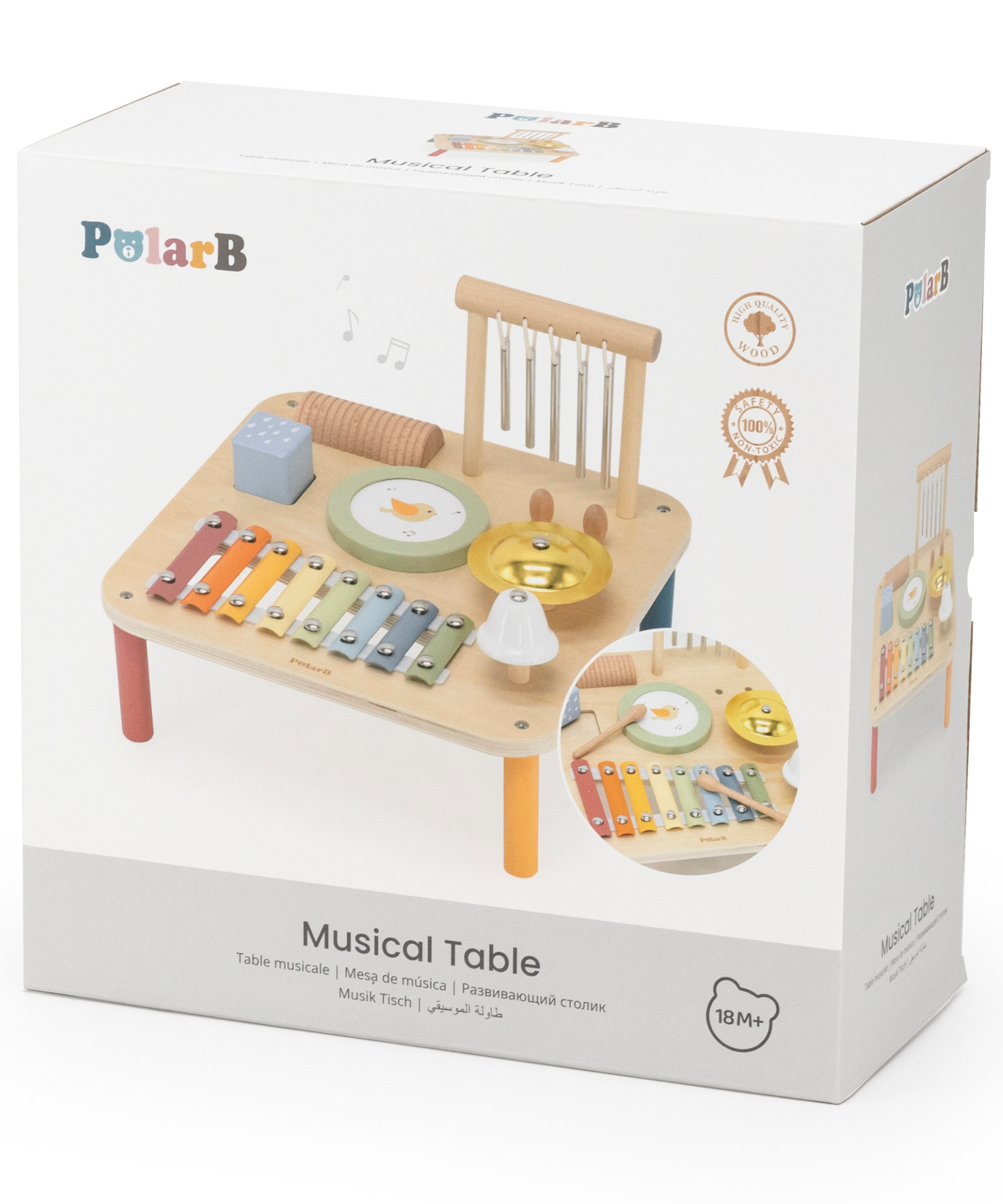 PolarB Wooden Musical Activity Table for Toddlers, Multi-Instrument Music Toy Includes Xylophone, Drum, Gong, Bell and More, for Ages 18 Months and Up