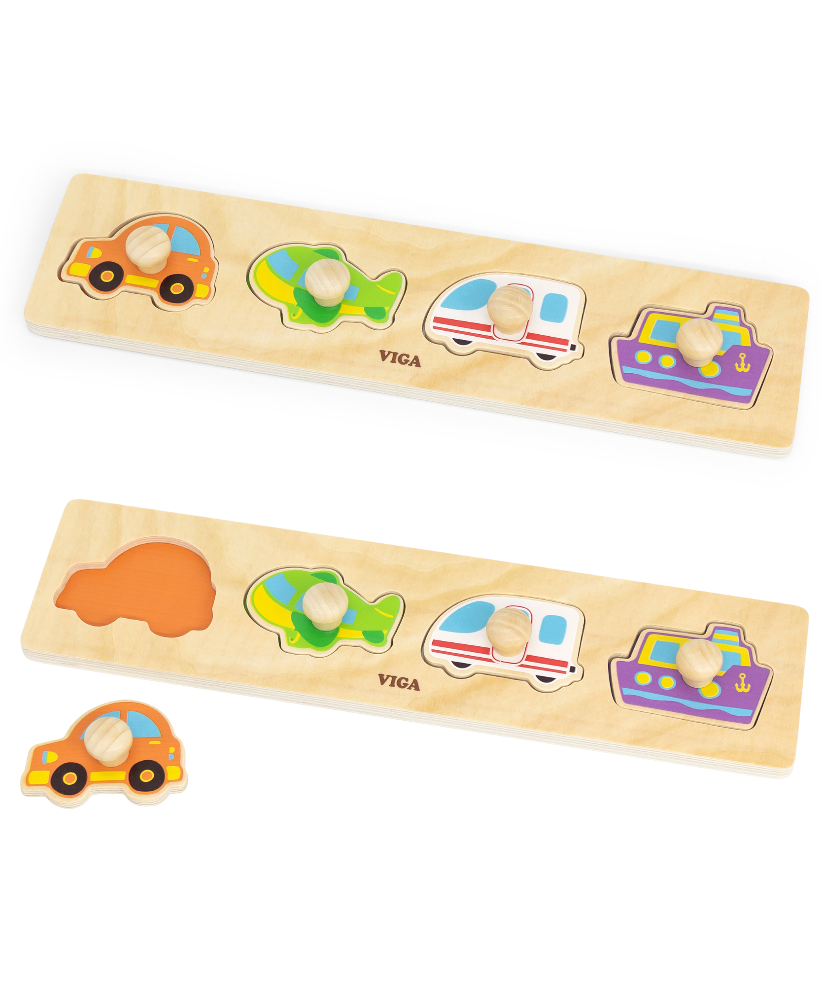 Viga Transportation, 4 Piece Knob Puzzle, Montessori Wooden Toy, Develops Sensory, Cognitive & Fine Motor Skills, Non-Toxic & Eco-friendly Kids Educational Toy, Suitable for Boys and Girls Aged 12M+