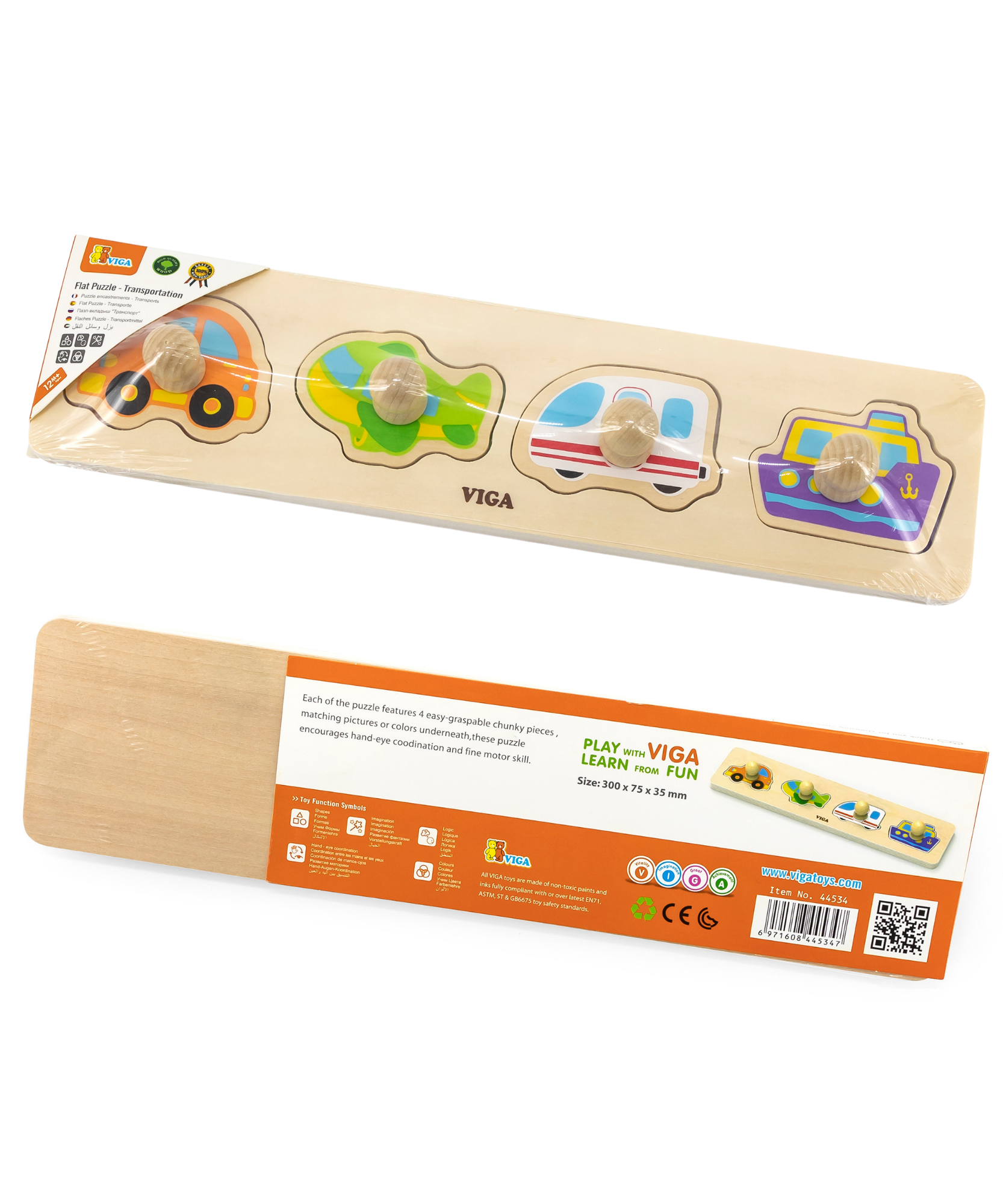 Viga Transportation, 4 Piece Knob Puzzle, Montessori Wooden Toy, Develops Sensory, Cognitive & Fine Motor Skills, Non-Toxic & Eco-friendly Kids Educational Toy, Suitable for Boys and Girls Aged 12M+