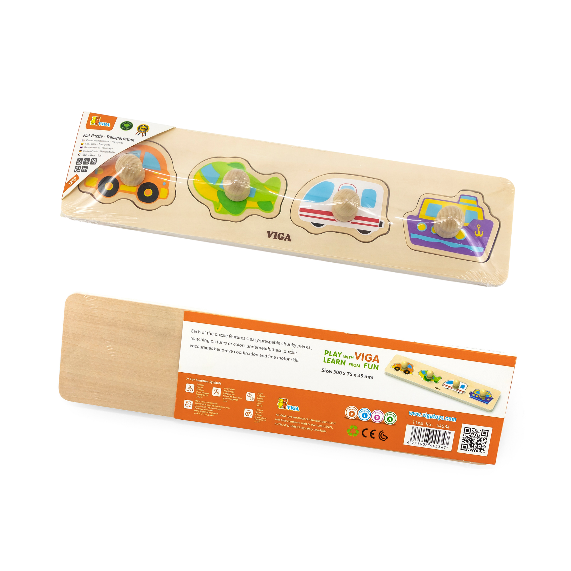 Viga Transportation, 4 Piece Knob Puzzle, Montessori Wooden Toy, Develops Sensory, Cognitive & Fine Motor Skills, Non-Toxic & Eco-friendly Kids Educational Toy, Suitable for Boys and Girls Aged 12M+
