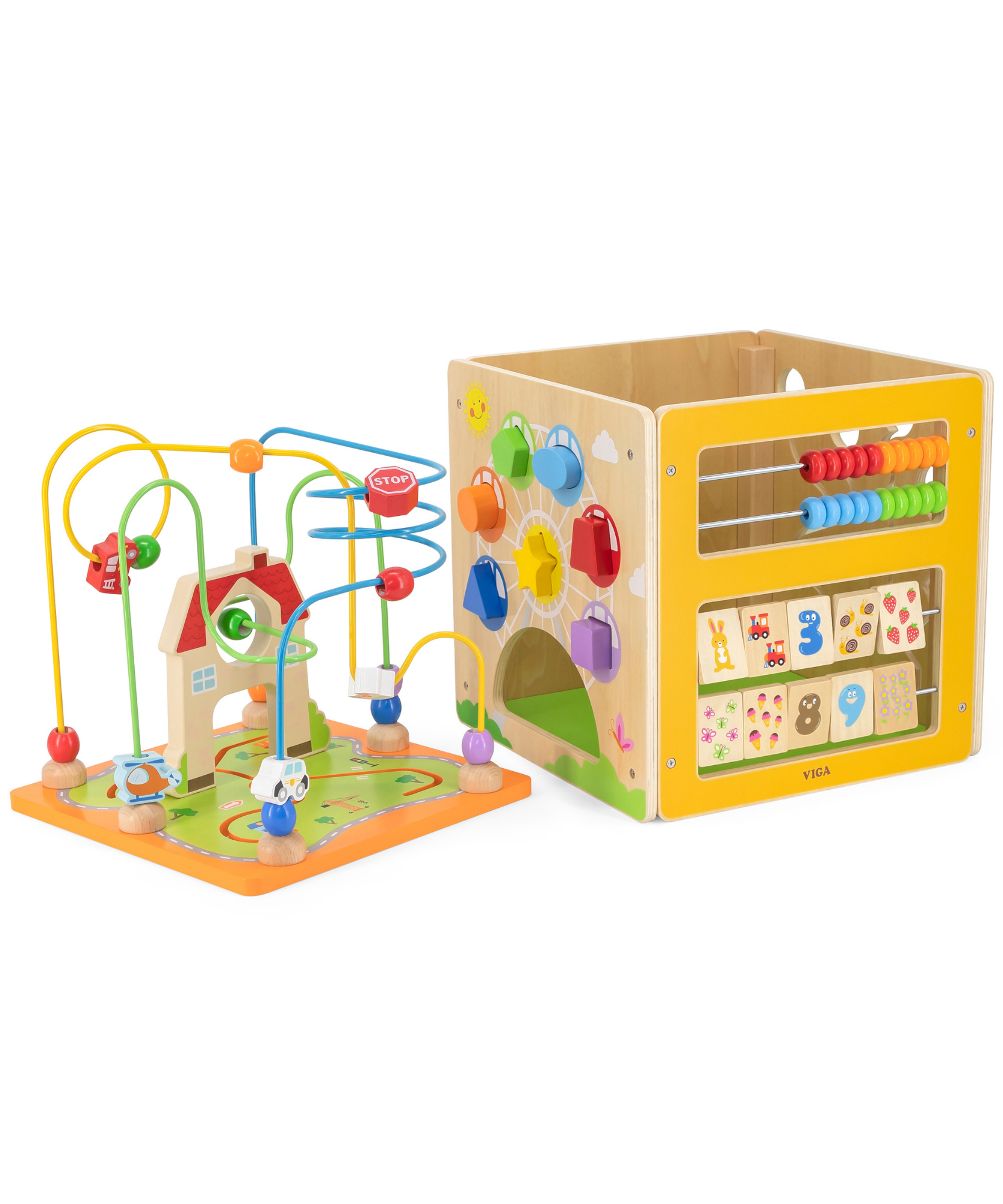 صندوق ألعاب فيجا ٥ في ١، مركز لعب خشبي متعدد الأنشطة من مونتيسوري، يُنمّي المهارات الحركية والمنطق والإبداع، لعبة تعليمية صديقة للبيئة وغير سامة، للأولاد والبنات من عمر ١٨ شهرًا فما فوق