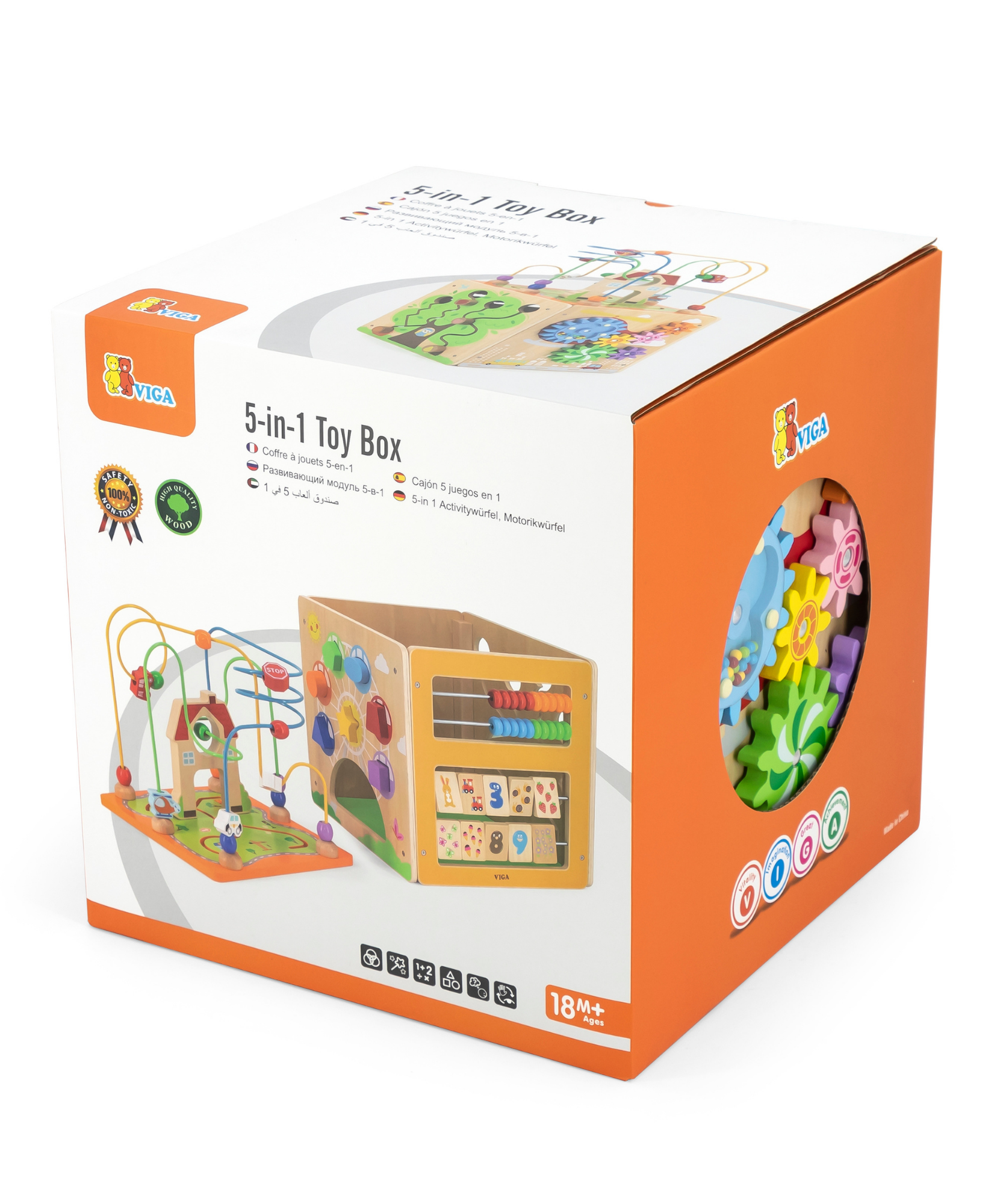 صندوق ألعاب فيجا ٥ في ١، مركز لعب خشبي متعدد الأنشطة من مونتيسوري، يُنمّي المهارات الحركية والمنطق والإبداع، لعبة تعليمية صديقة للبيئة وغير سامة، للأولاد والبنات من عمر ١٨ شهرًا فما فوق