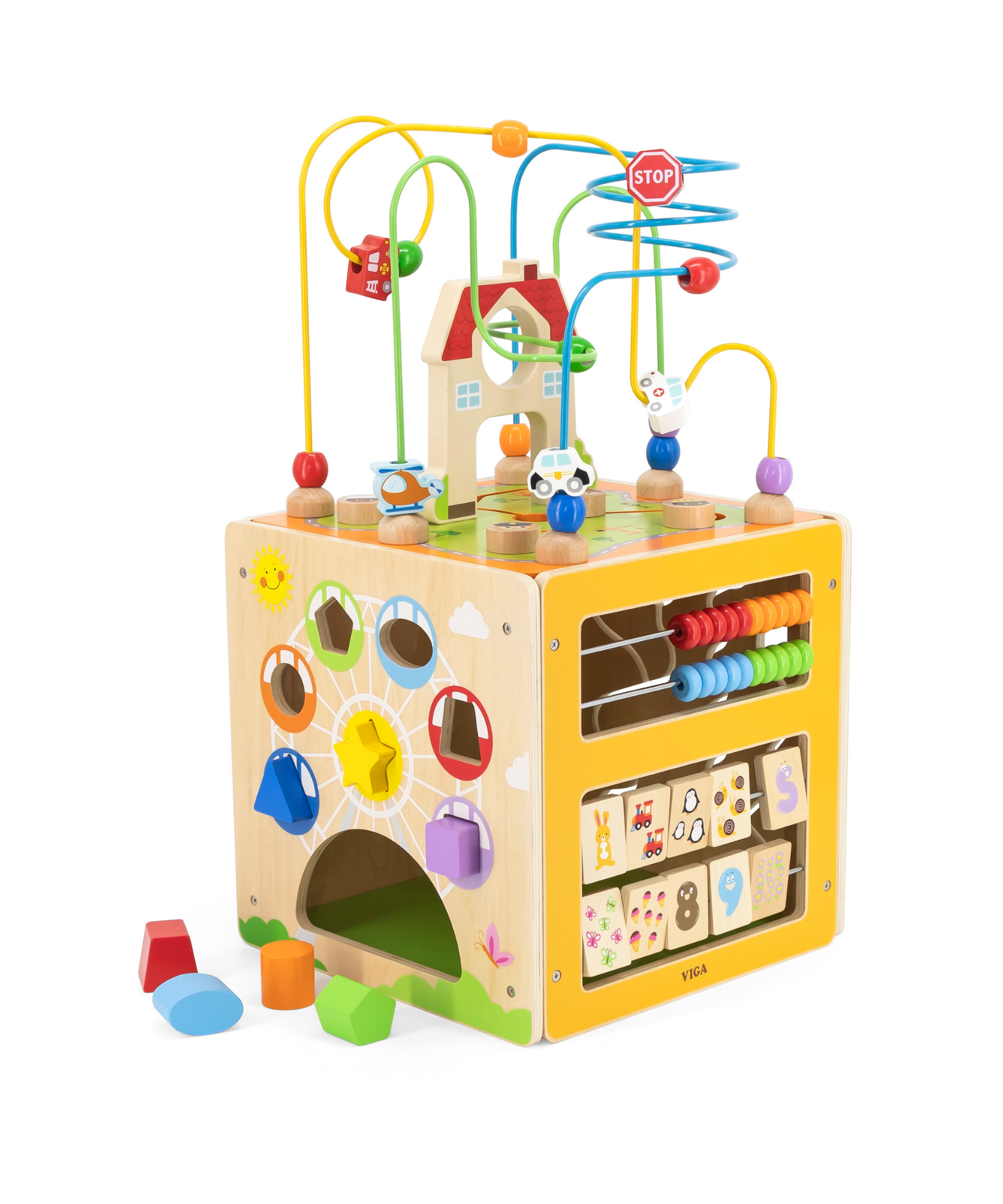 صندوق ألعاب فيجا ٥ في ١، مركز لعب خشبي متعدد الأنشطة من مونتيسوري، يُنمّي المهارات الحركية والمنطق والإبداع، لعبة تعليمية صديقة للبيئة وغير سامة، للأولاد والبنات من عمر ١٨ شهرًا فما فوق