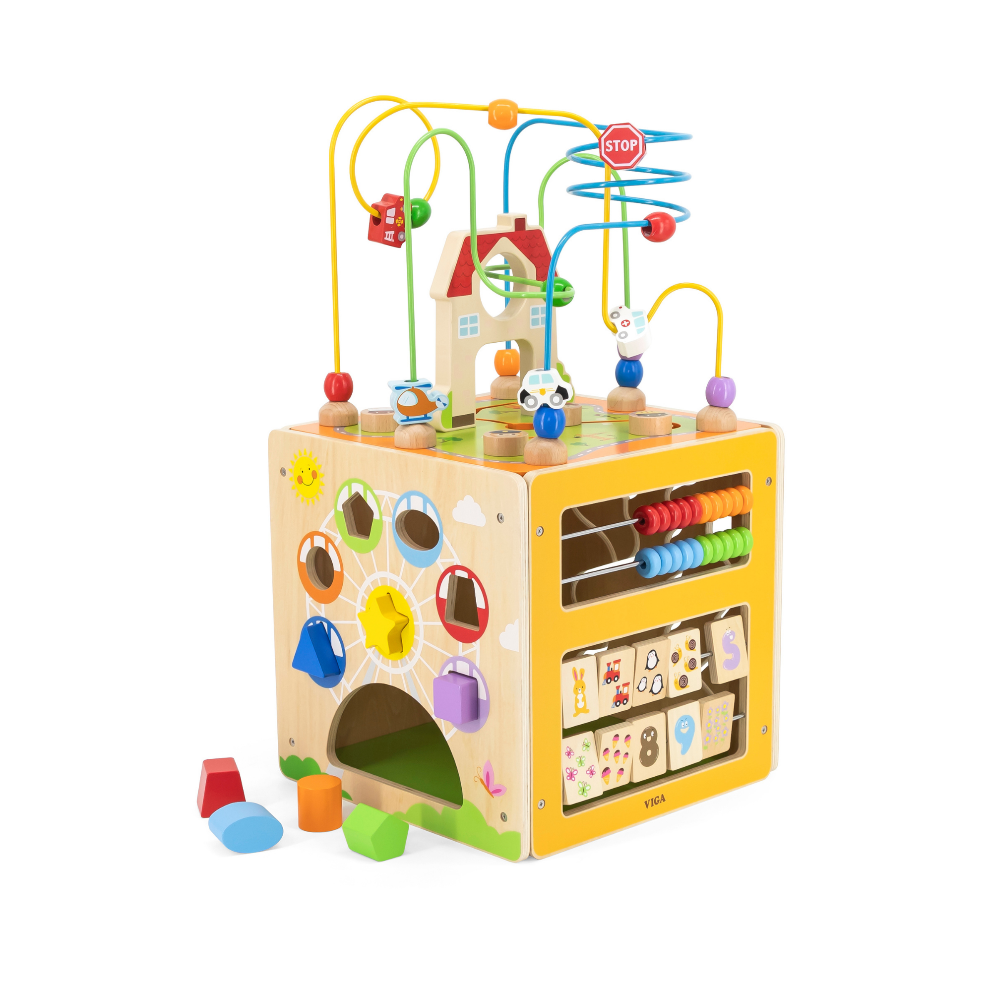 صندوق ألعاب فيجا ٥ في ١، مركز لعب خشبي متعدد الأنشطة من مونتيسوري، يُنمّي المهارات الحركية والمنطق والإبداع، لعبة تعليمية صديقة للبيئة وغير سامة، للأولاد والبنات من عمر ١٨ شهرًا فما فوق