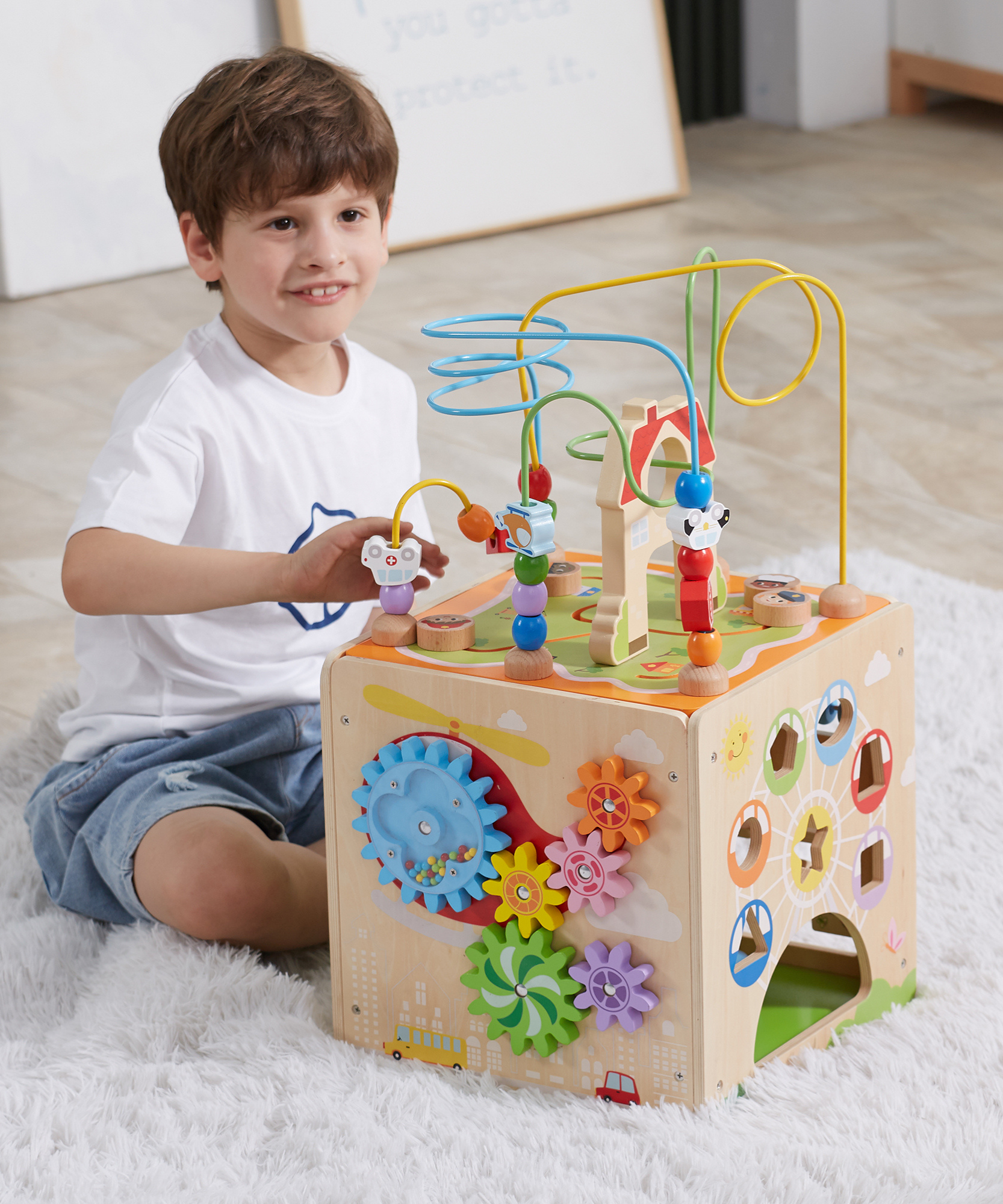 صندوق ألعاب فيجا ٥ في ١، مركز لعب خشبي متعدد الأنشطة من مونتيسوري، يُنمّي المهارات الحركية والمنطق والإبداع، لعبة تعليمية صديقة للبيئة وغير سامة، للأولاد والبنات من عمر ١٨ شهرًا فما فوق