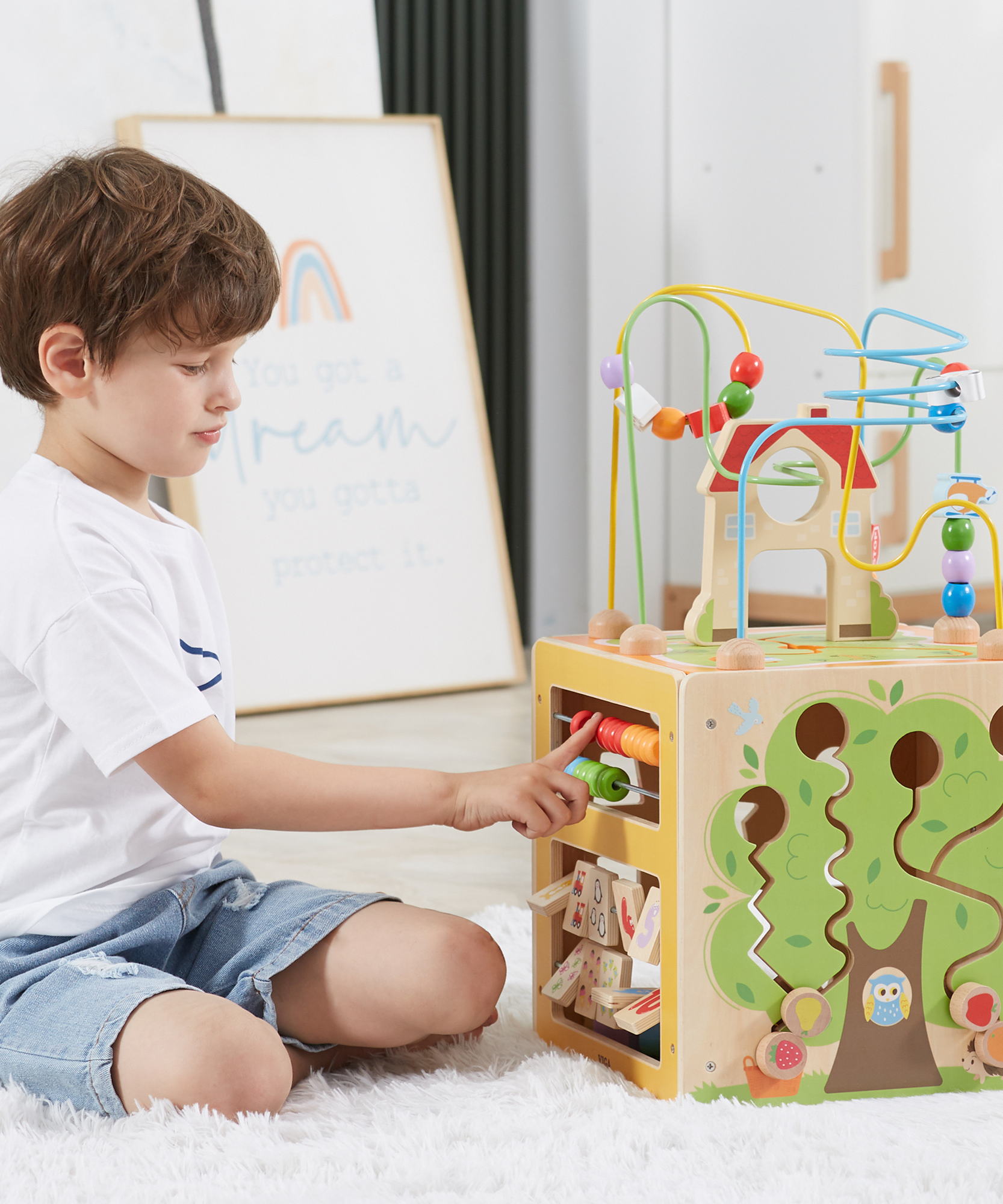 صندوق ألعاب فيجا ٥ في ١، مركز لعب خشبي متعدد الأنشطة من مونتيسوري، يُنمّي المهارات الحركية والمنطق والإبداع، لعبة تعليمية صديقة للبيئة وغير سامة، للأولاد والبنات من عمر ١٨ شهرًا فما فوق