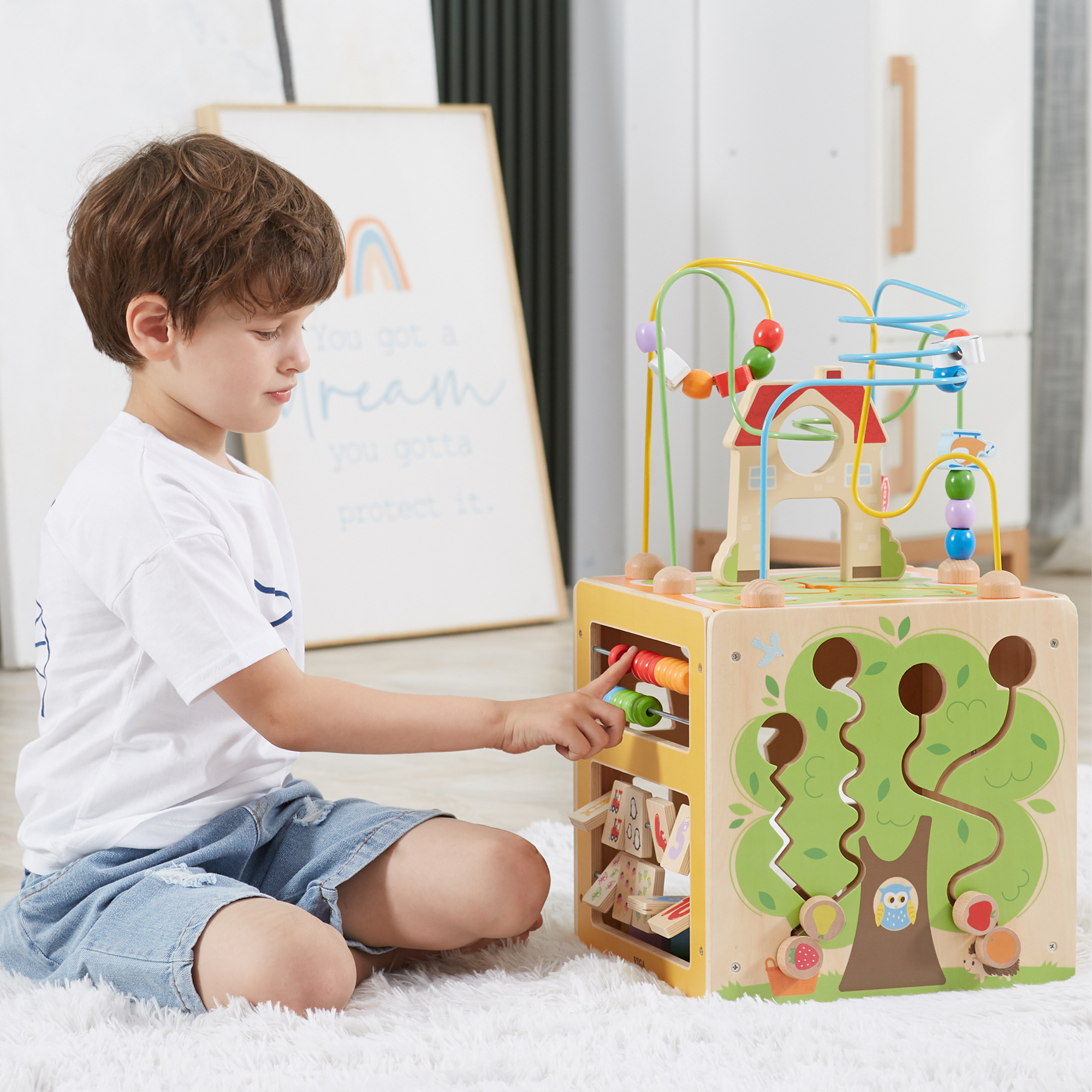 صندوق ألعاب فيجا ٥ في ١، مركز لعب خشبي متعدد الأنشطة من مونتيسوري، يُنمّي المهارات الحركية والمنطق والإبداع، لعبة تعليمية صديقة للبيئة وغير سامة، للأولاد والبنات من عمر ١٨ شهرًا فما فوق