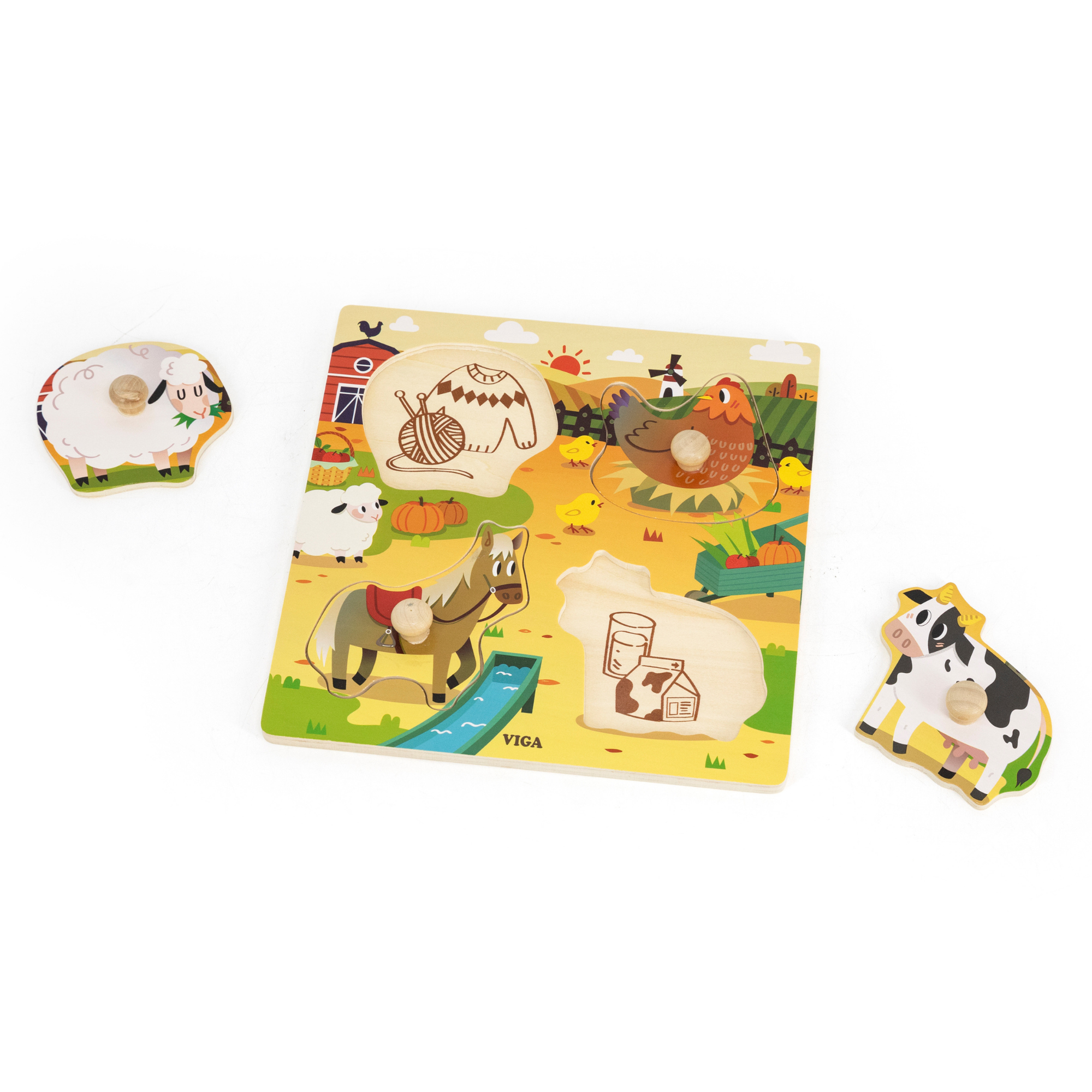 Viga Farm Animals, 4 Piece Knob Puzzle, Montessori Wooden Toy, Develops Sensory, Cognitive & Fine Motor Skills, Non-Toxic & Eco-friendly Kids Educational Toy, Suitable for Children Aged 12M+