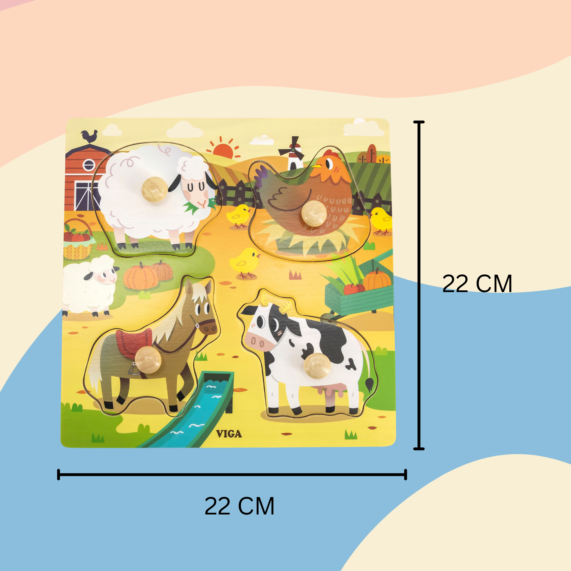 Viga Farm Animals, 4 Piece Knob Puzzle, Montessori Wooden Toy, Develops Sensory, Cognitive & Fine Motor Skills, Non-Toxic & Eco-friendly Kids Educational Toy, Suitable for Children Aged 12M+