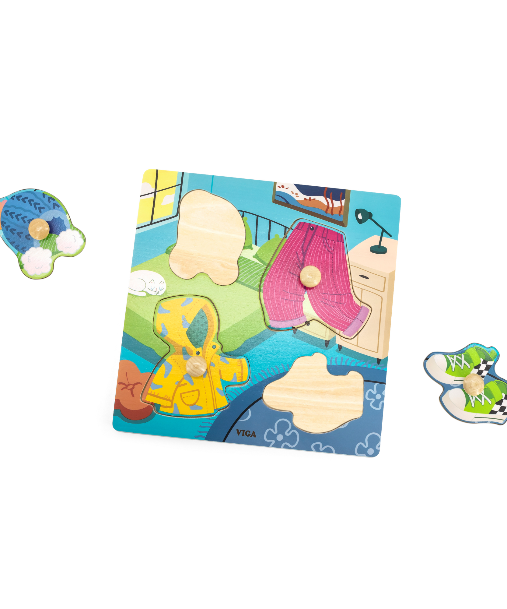 Viga Clothes, 4 Piece Knob Puzzle, Montessori Wooden Toy, Develops Sensory, Cognitive & Fine Motor Skills, Non-Toxic & Eco-friendly Kids Educational Toy, Suitable for Boys and Girls Aged 12M+