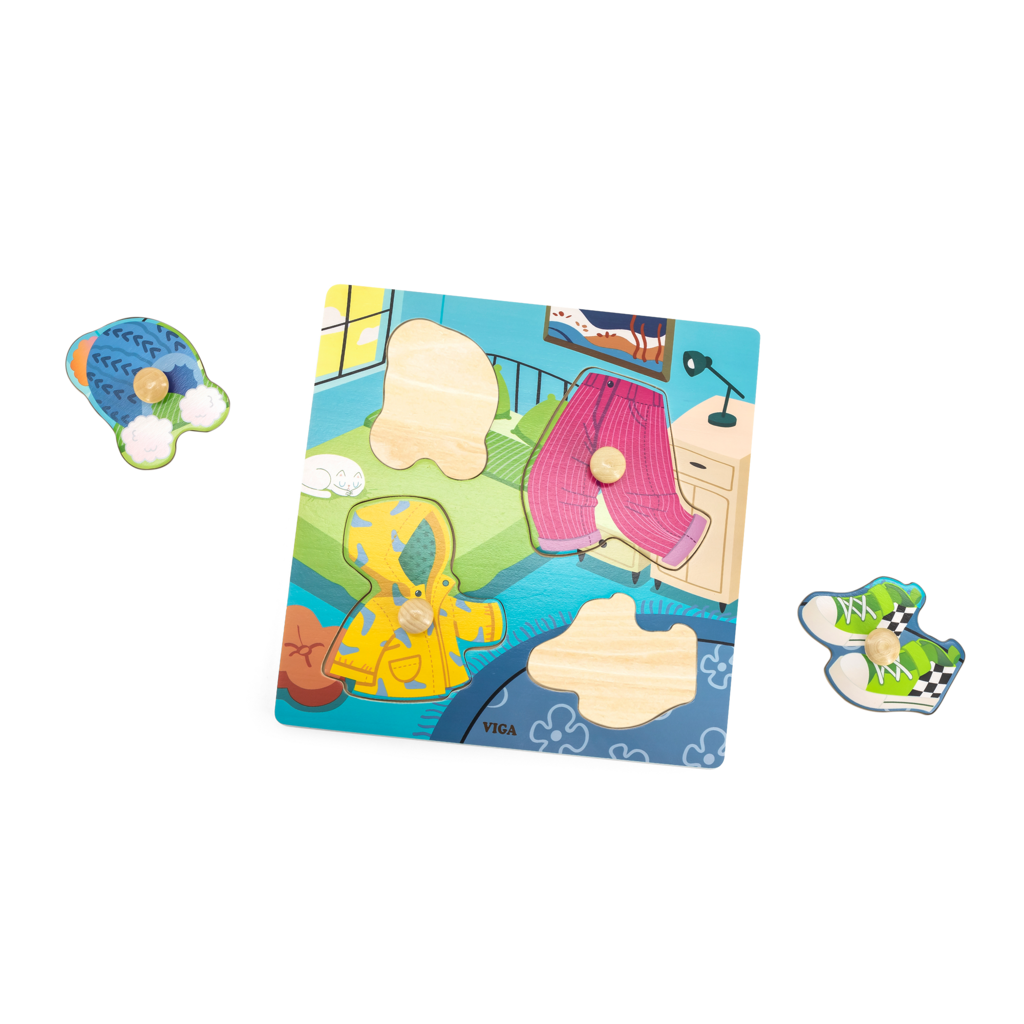 Viga Clothes, 4 Piece Knob Puzzle, Montessori Wooden Toy, Develops Sensory, Cognitive & Fine Motor Skills, Non-Toxic & Eco-friendly Kids Educational Toy, Suitable for Boys and Girls Aged 12M+