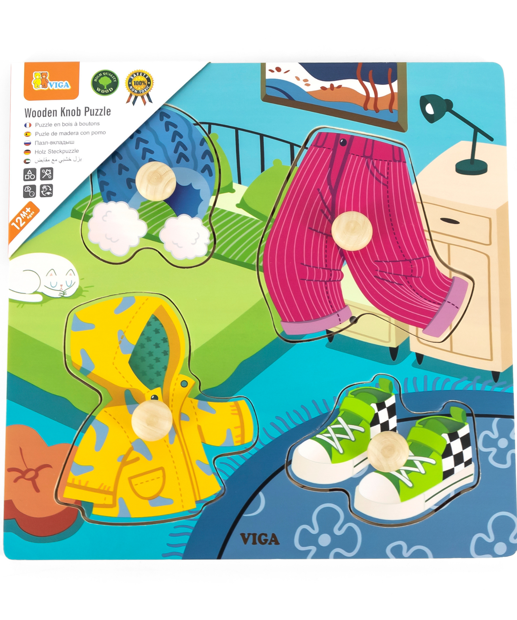 Viga Clothes, 4 Piece Knob Puzzle, Montessori Wooden Toy, Develops Sensory, Cognitive & Fine Motor Skills, Non-Toxic & Eco-friendly Kids Educational Toy, Suitable for Boys and Girls Aged 12M+