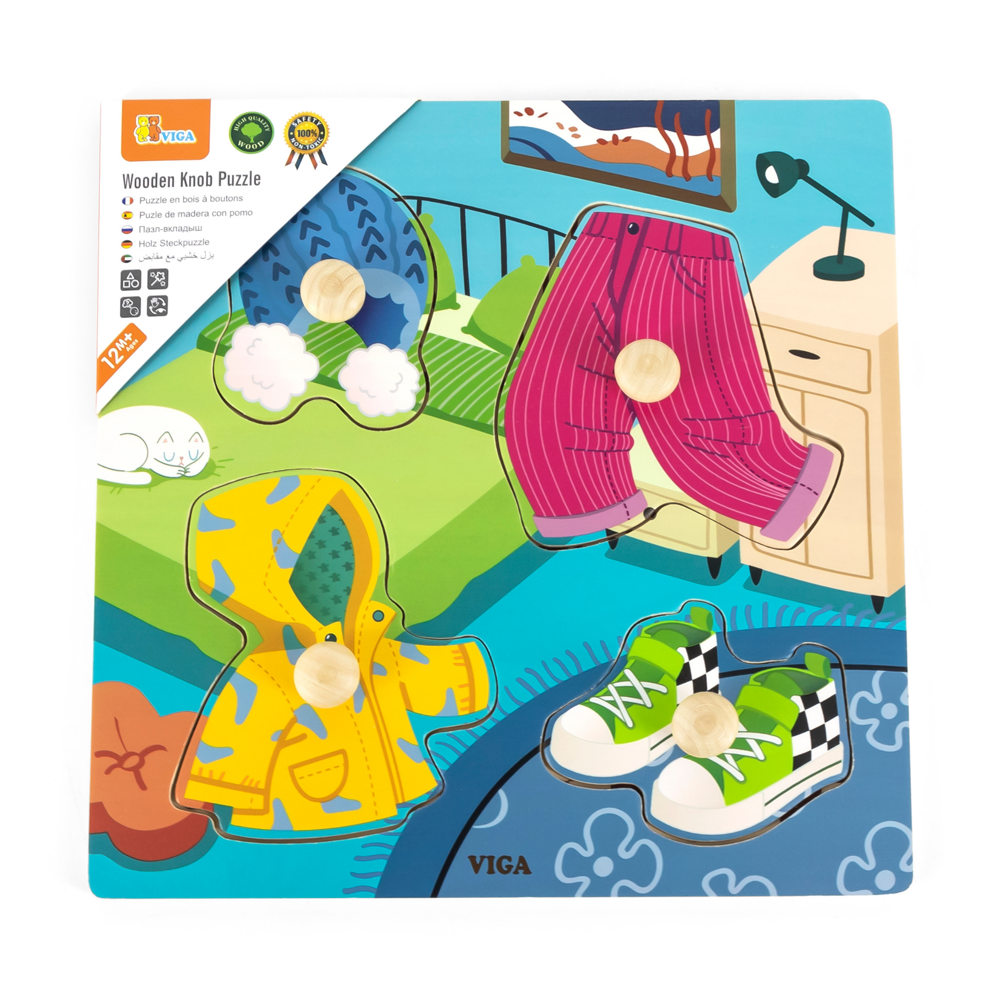 Viga Clothes, 4 Piece Knob Puzzle, Montessori Wooden Toy, Develops Sensory, Cognitive & Fine Motor Skills, Non-Toxic & Eco-friendly Kids Educational Toy, Suitable for Boys and Girls Aged 12M+