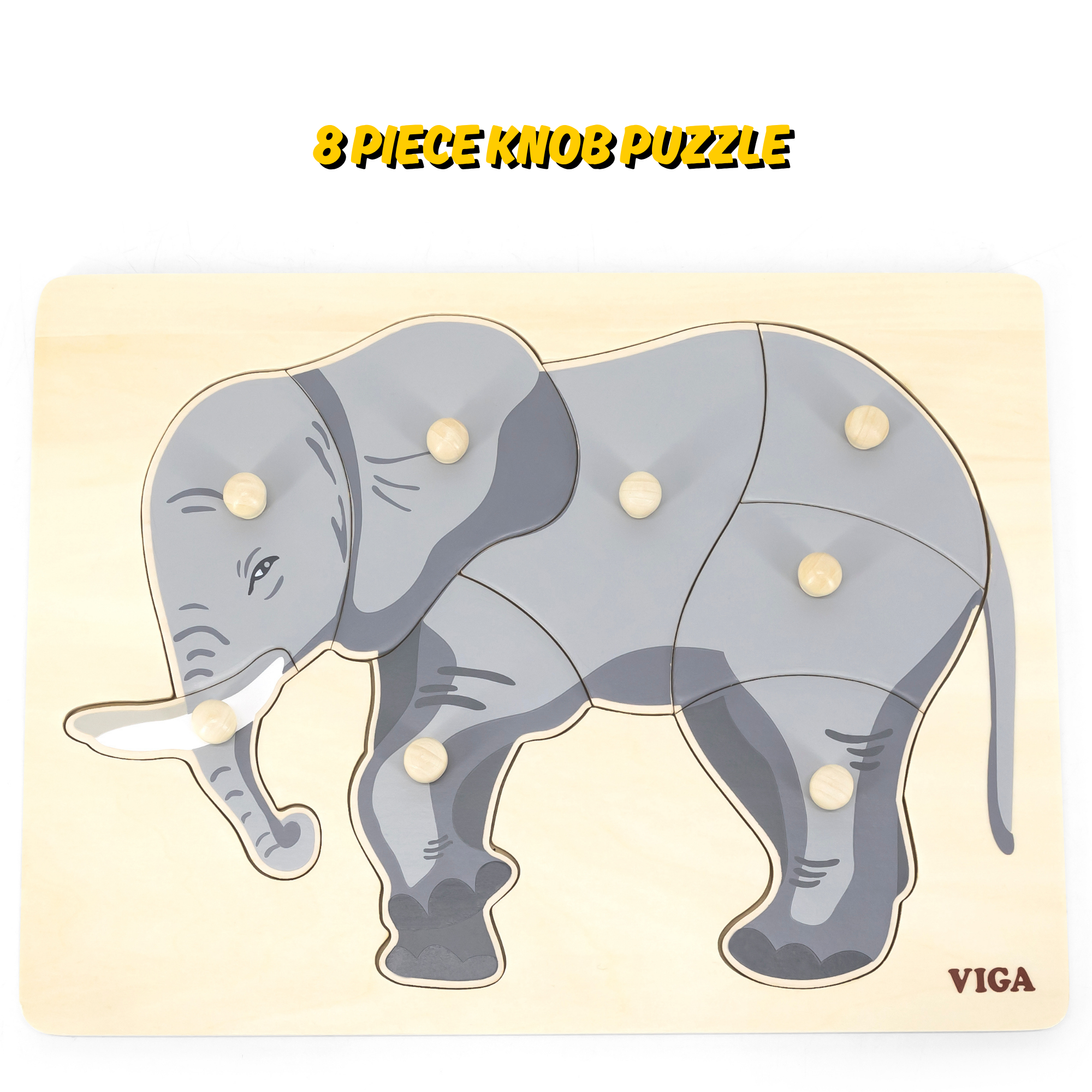 Viga Elephant, 8 Piece Knob Puzzle, Montessori Wooden Toy, Develops Sensory, Cognitive & Fine Motor Skills, Non-Toxic & Eco-friendly Kids Educational Toy, Suitable for Boys and Girls Aged 18M+