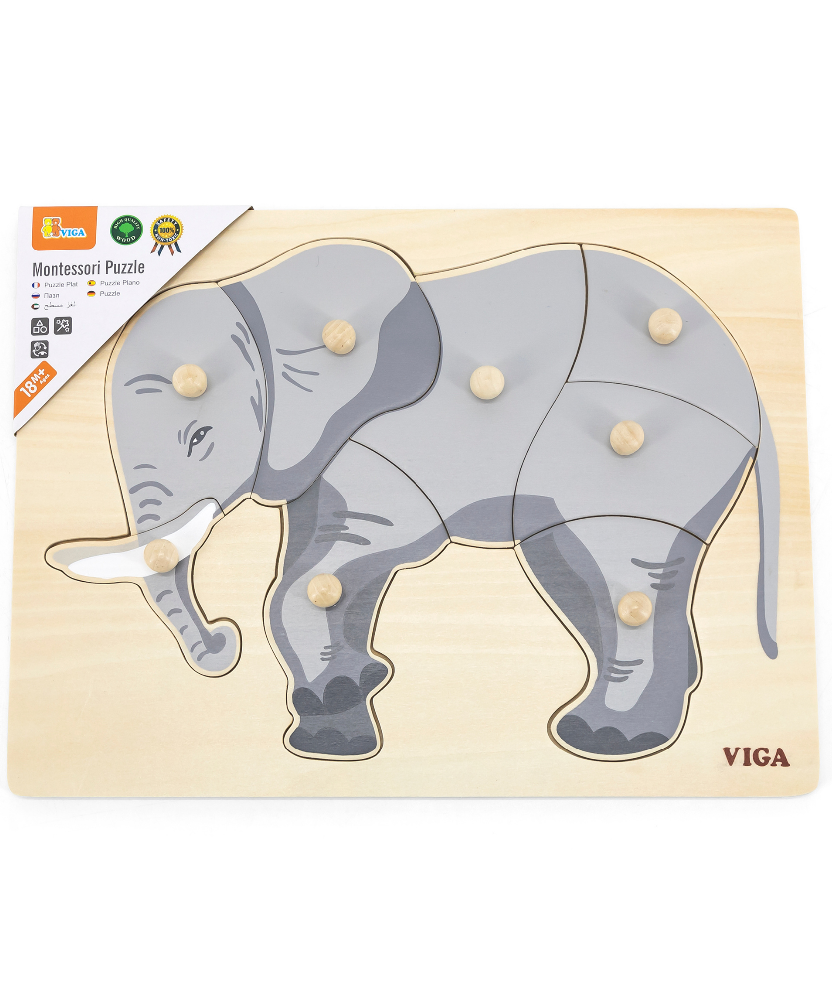 Viga Elephant, 8 Piece Knob Puzzle, Montessori Wooden Toy, Develops Sensory, Cognitive & Fine Motor Skills, Non-Toxic & Eco-friendly Kids Educational Toy, Suitable for Boys and Girls Aged 18M+