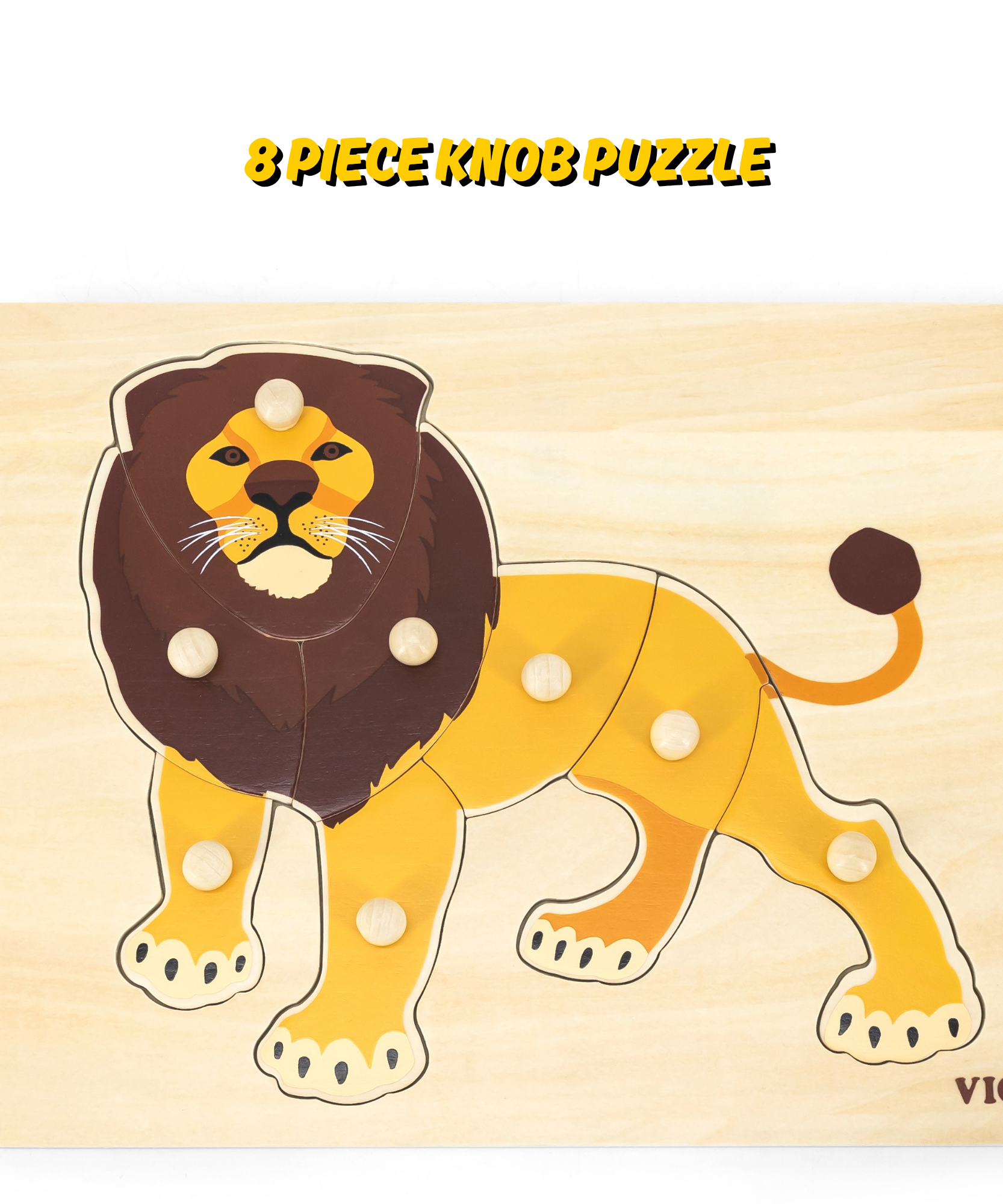 Viga Lion, Wild Animals, 8 Piece Knob Puzzle, Montessori Wooden Toy, Develops Sensory, Cognitive & Fine Motor Skills, Non-Toxic & Eco-friendly Kids Educational Toy, Suitable for Children Aged 18M+