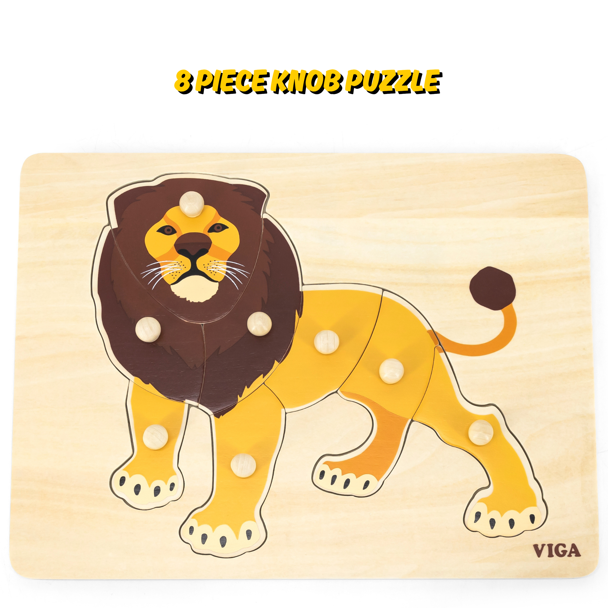 Viga Lion, Wild Animals, 8 Piece Knob Puzzle, Montessori Wooden Toy, Develops Sensory, Cognitive & Fine Motor Skills, Non-Toxic & Eco-friendly Kids Educational Toy, Suitable for Children Aged 18M+