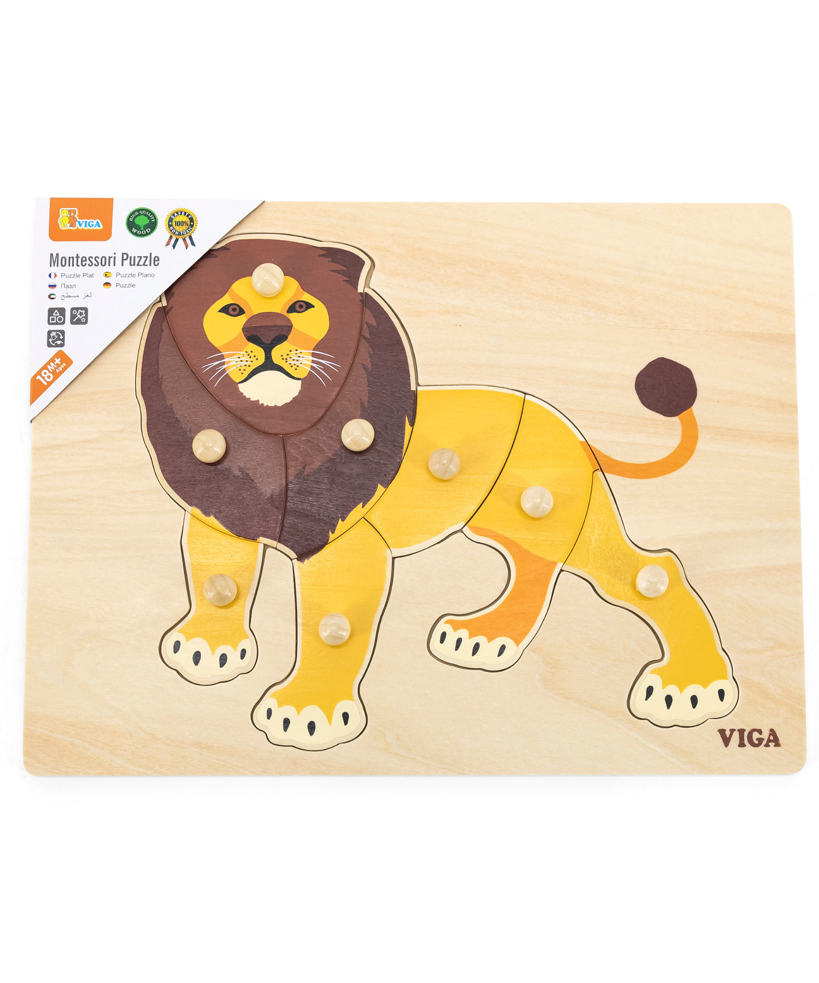 Viga Lion, Wild Animals, 8 Piece Knob Puzzle, Montessori Wooden Toy, Develops Sensory, Cognitive & Fine Motor Skills, Non-Toxic & Eco-friendly Kids Educational Toy, Suitable for Children Aged 18M+