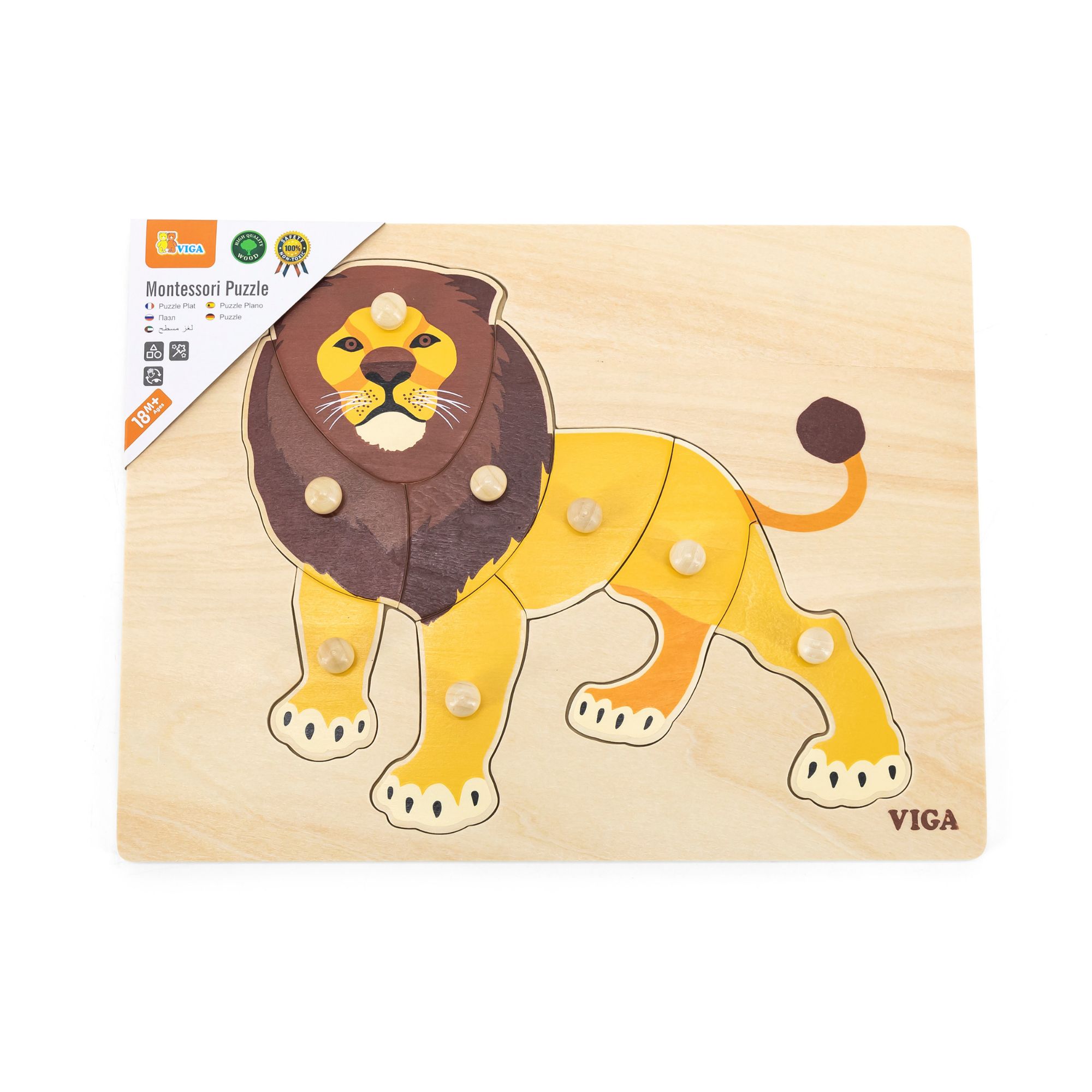 Viga Lion, Wild Animals, 8 Piece Knob Puzzle, Montessori Wooden Toy, Develops Sensory, Cognitive & Fine Motor Skills, Non-Toxic & Eco-friendly Kids Educational Toy, Suitable for Children Aged 18M+