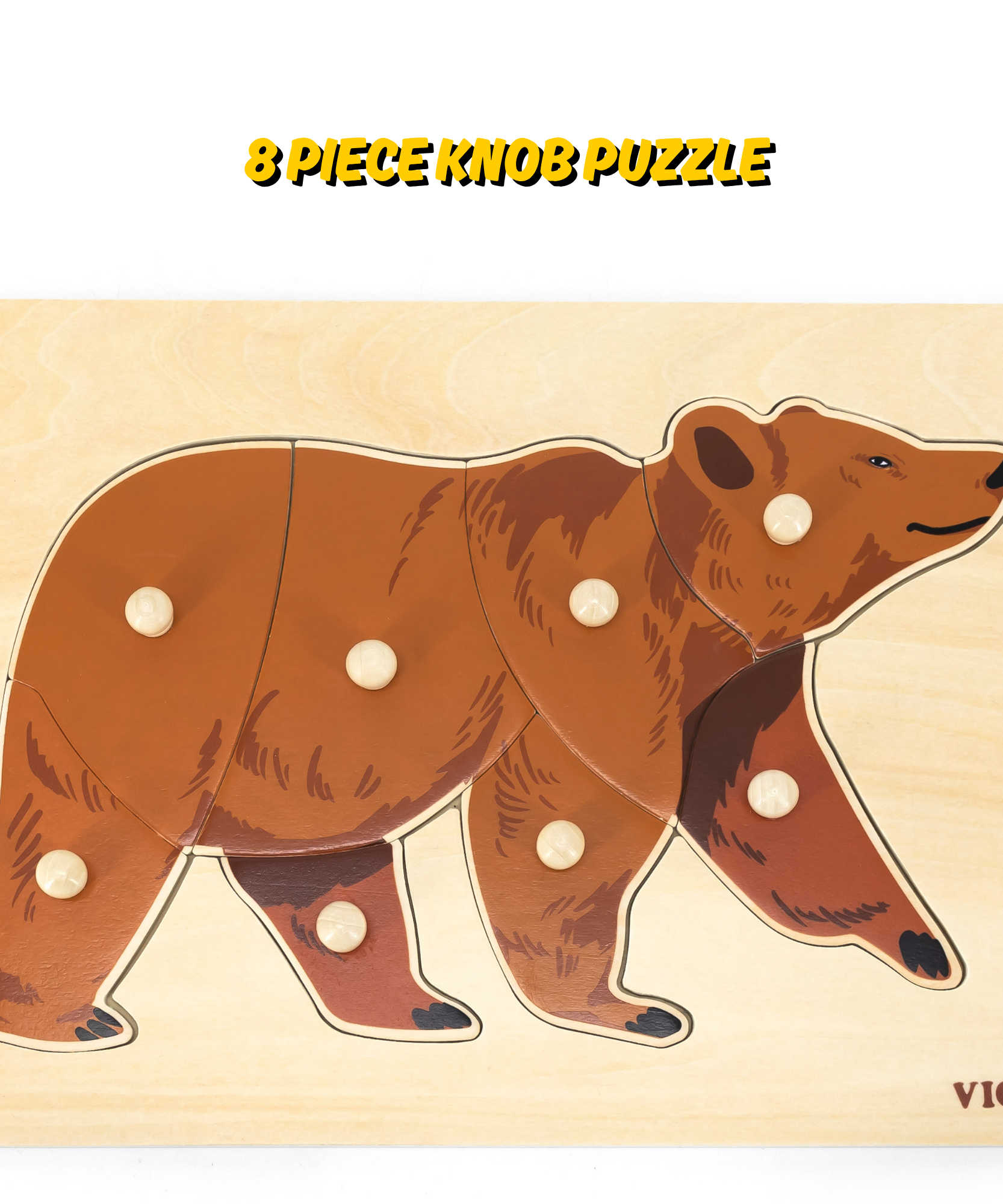 Viga Bear, Wild Animals, 8 Piece Knob Puzzle, Montessori Wooden Toy, Develops Sensory, Cognitive & Fine Motor Skills, Non-Toxic & Eco-friendly Kids Educational Toy, Suitable for Children Aged 18M+