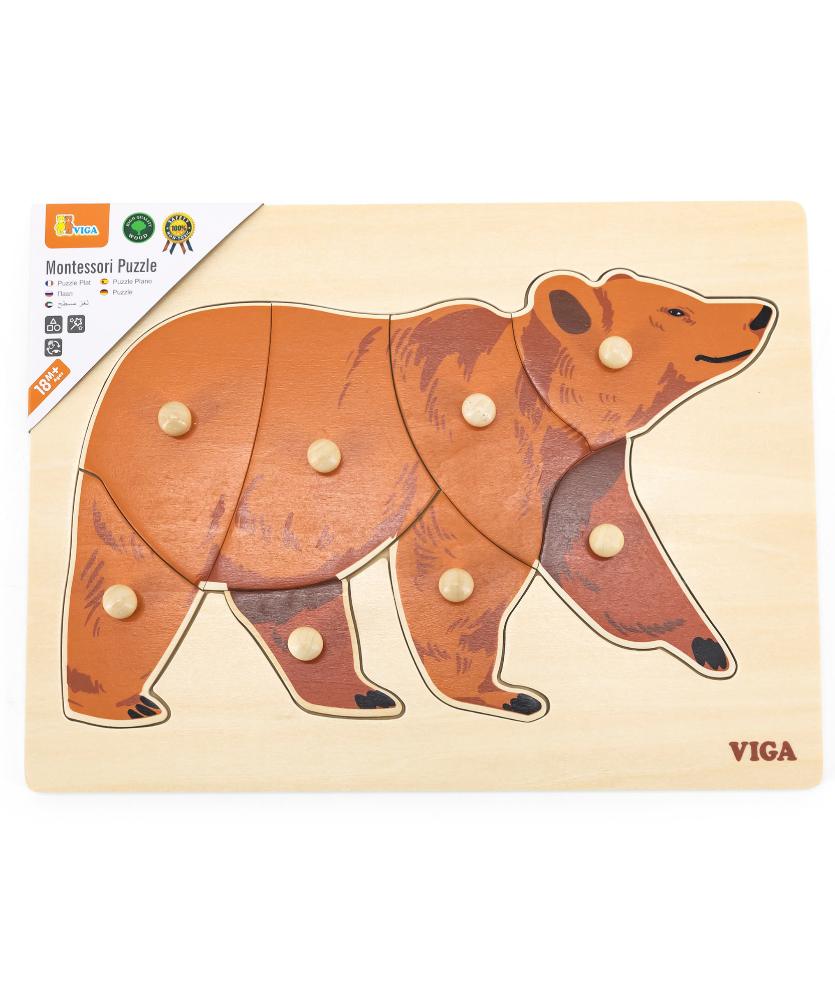 Viga Bear, Wild Animals, 8 Piece Knob Puzzle, Montessori Wooden Toy, Develops Sensory, Cognitive & Fine Motor Skills, Non-Toxic & Eco-friendly Kids Educational Toy, Suitable for Children Aged 18M+