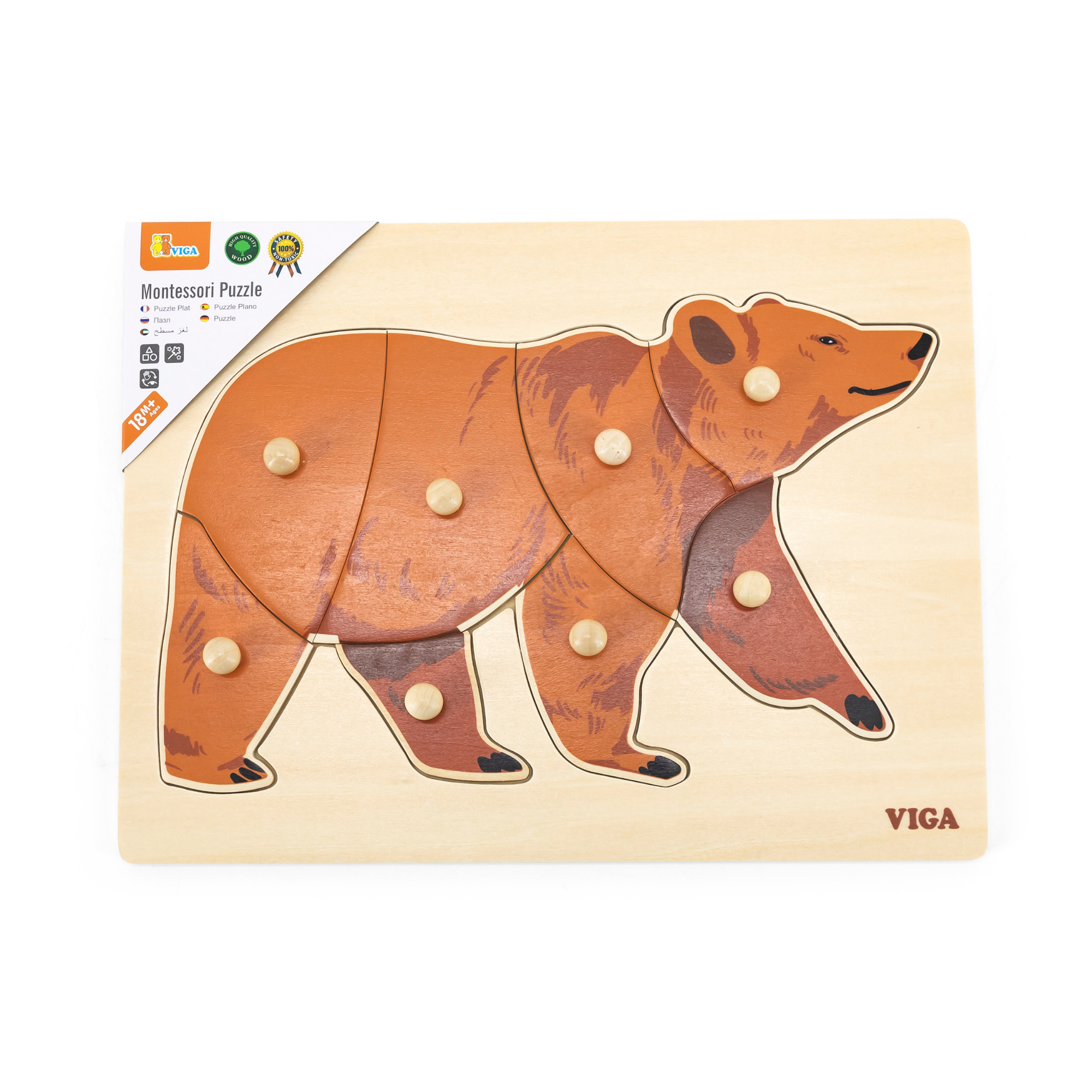 Viga Bear, Wild Animals, 8 Piece Knob Puzzle, Montessori Wooden Toy, Develops Sensory, Cognitive & Fine Motor Skills, Non-Toxic & Eco-friendly Kids Educational Toy, Suitable for Children Aged 18M+
