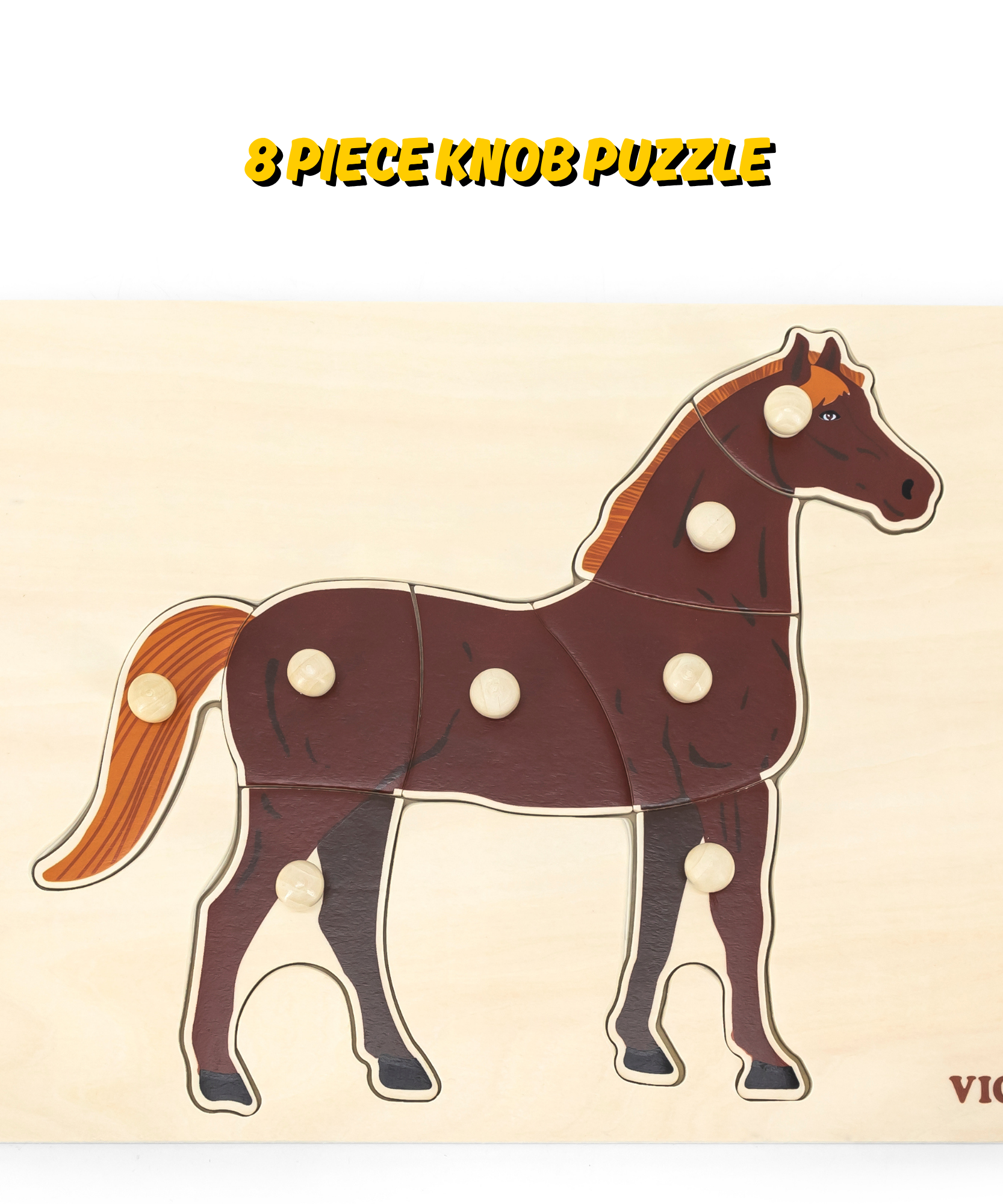 Viga Horse, Farm Animals, 8 Piece Knob Puzzle, Montessori Wooden Toy, Develops Sensory, Cognitive & Fine Motor Skills, Non-Toxic & Eco-friendly Kids Educational Toy, Suitable for Children Aged 18M+