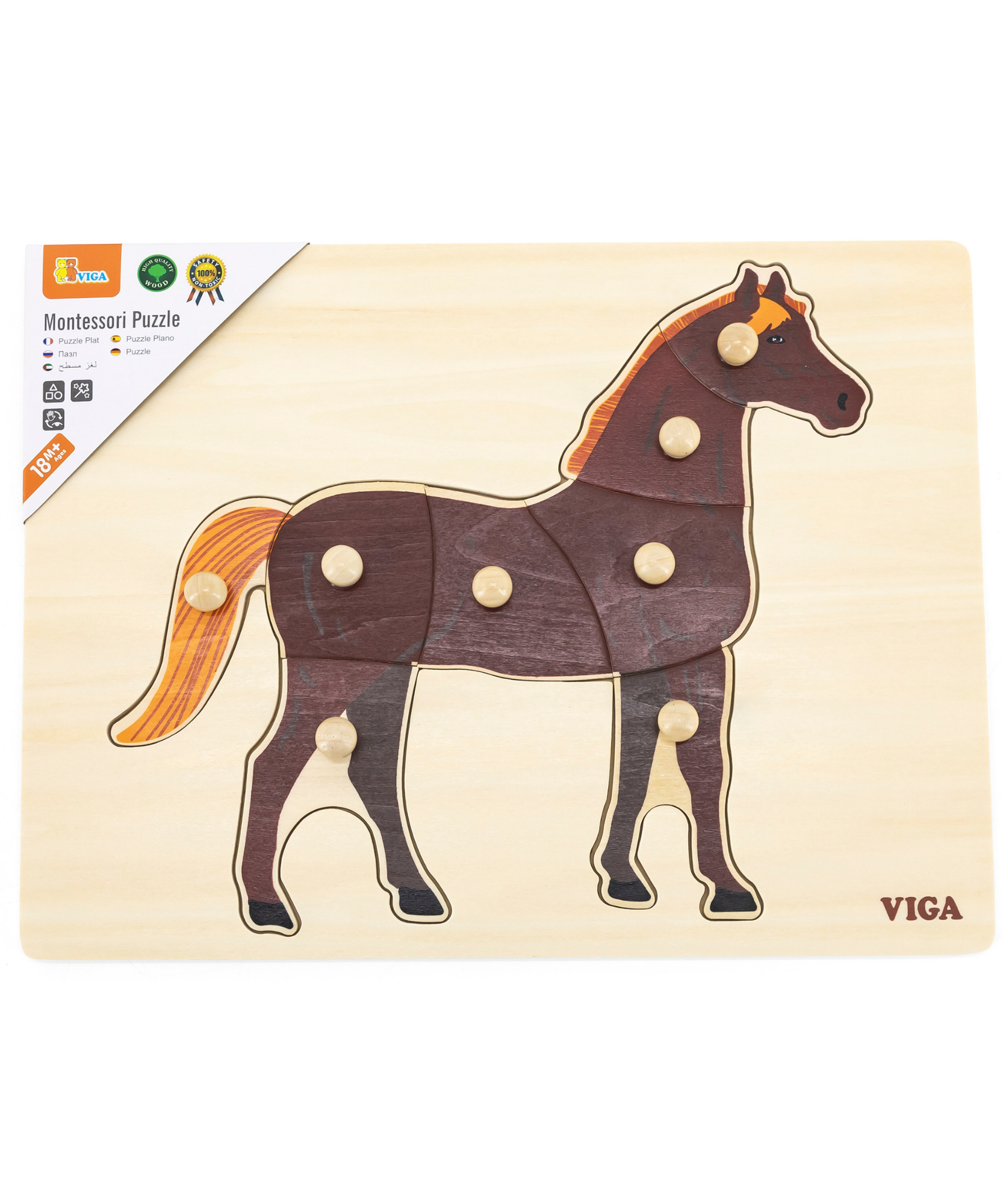 Viga Horse, Farm Animals, 8 Piece Knob Puzzle, Montessori Wooden Toy, Develops Sensory, Cognitive & Fine Motor Skills, Non-Toxic & Eco-friendly Kids Educational Toy, Suitable for Children Aged 18M+