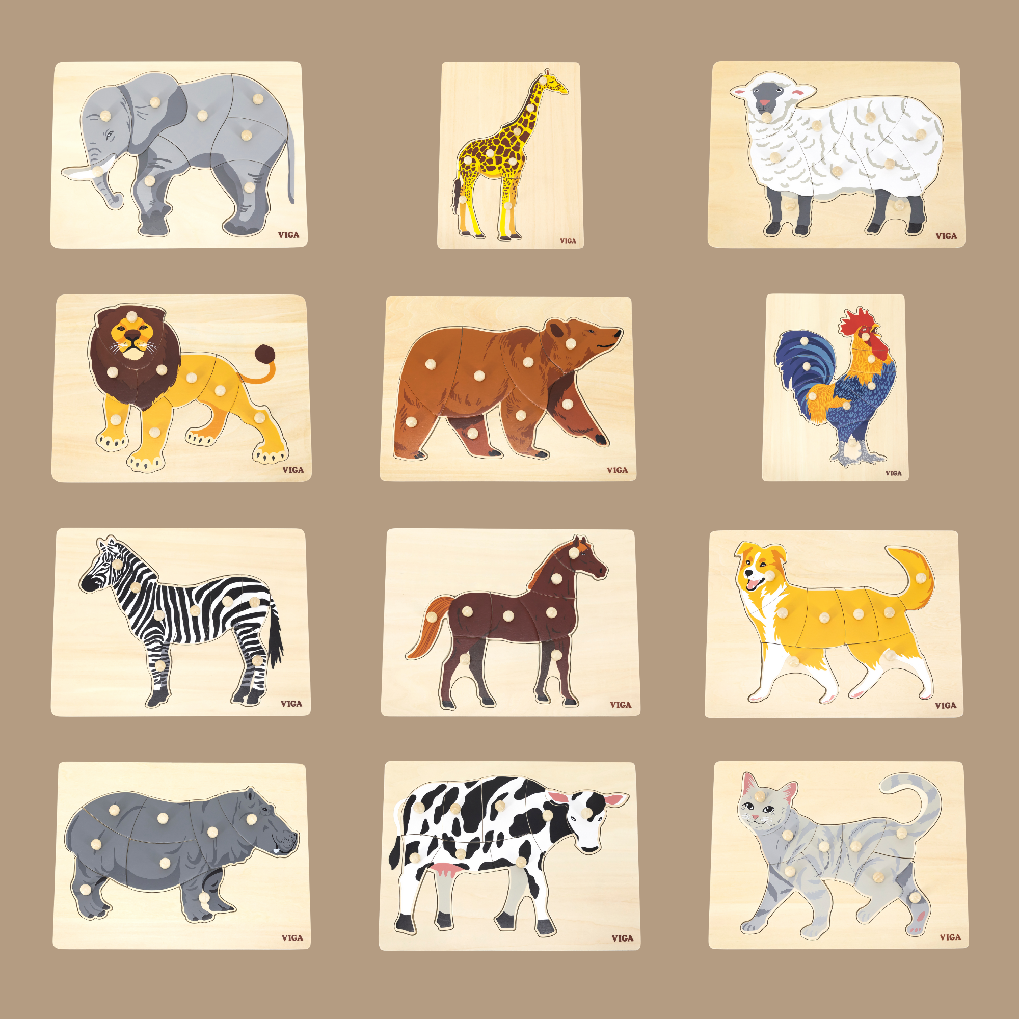 Viga Horse, Farm Animals, 8 Piece Knob Puzzle, Montessori Wooden Toy, Develops Sensory, Cognitive & Fine Motor Skills, Non-Toxic & Eco-friendly Kids Educational Toy, Suitable for Children Aged 18M+