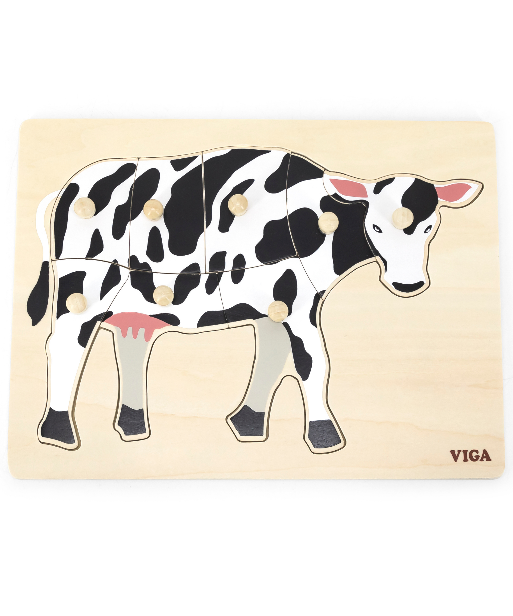 بقرة فيجا، حيوانات المزرعة، أحجية بمقبض من 8 قطع، لعبة مونتيسوري الخشبية، تنمي المهارات الحسية والإدراكية والحركية الدقيقة، لعبة تعليمية للأطفال غير سامة وصديقة للبيئة، مناسبة للأطفال من سن 18 شهرًا فما فوق