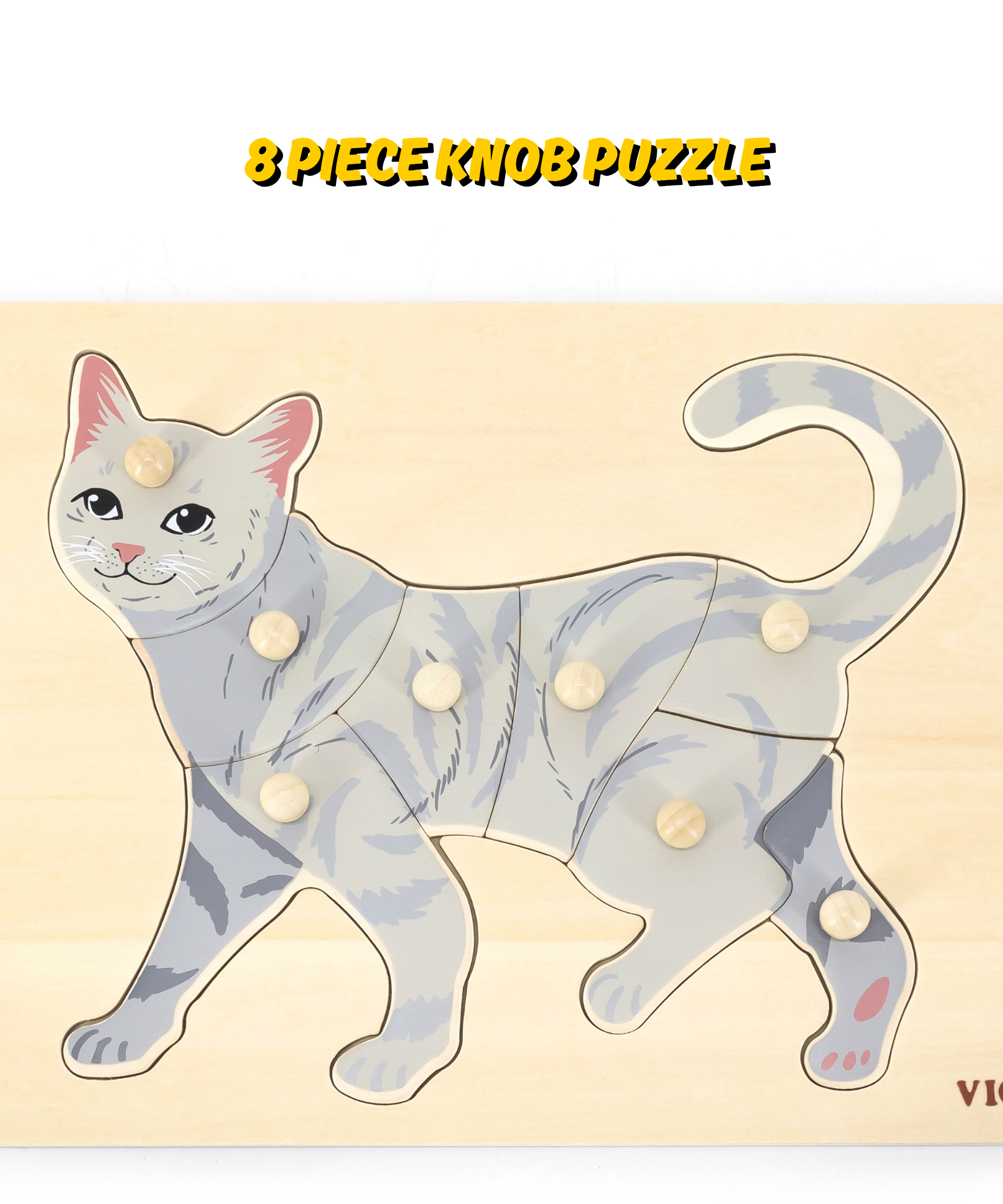 لعبة فيجا كات، أحجية بمقبض من 8 قطع، لعبة مونتيسوري خشبية، تنمي المهارات الحسية والإدراكية والحركية الدقيقة، لعبة تعليمية للأطفال غير سامة وصديقة للبيئة، مناسبة للأولاد والبنات من سن 18 شهرًا فما فوق