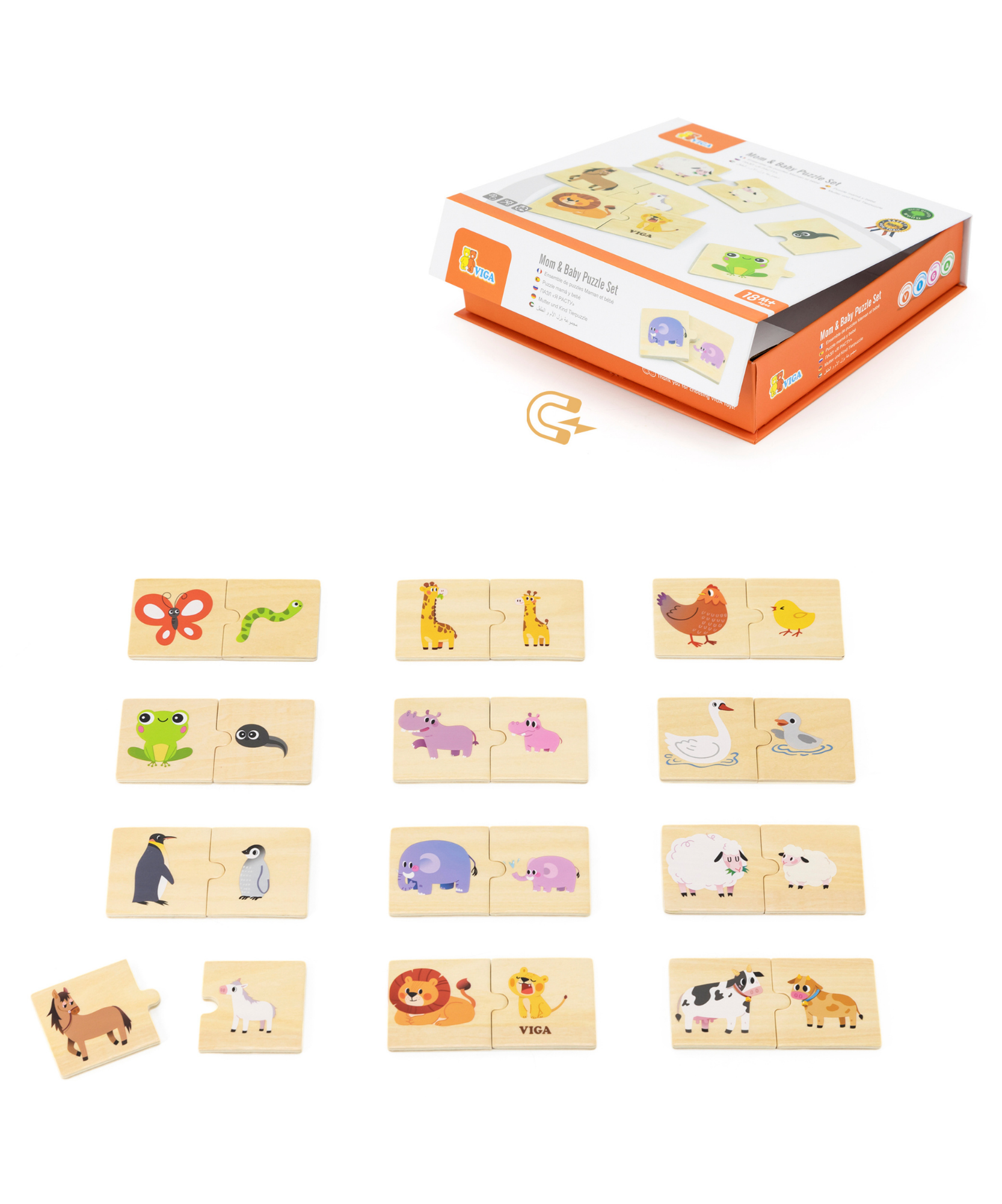 Viga Mom & Baby, 24 Piece Mix & Match Puzzle, Montessori Wooden Toy, Develops Sensory, Cognitive & Fine Motor Skills, Non-Toxic & Eco-friendly Kids Educational Toy, Suitable for Children Aged 18M+