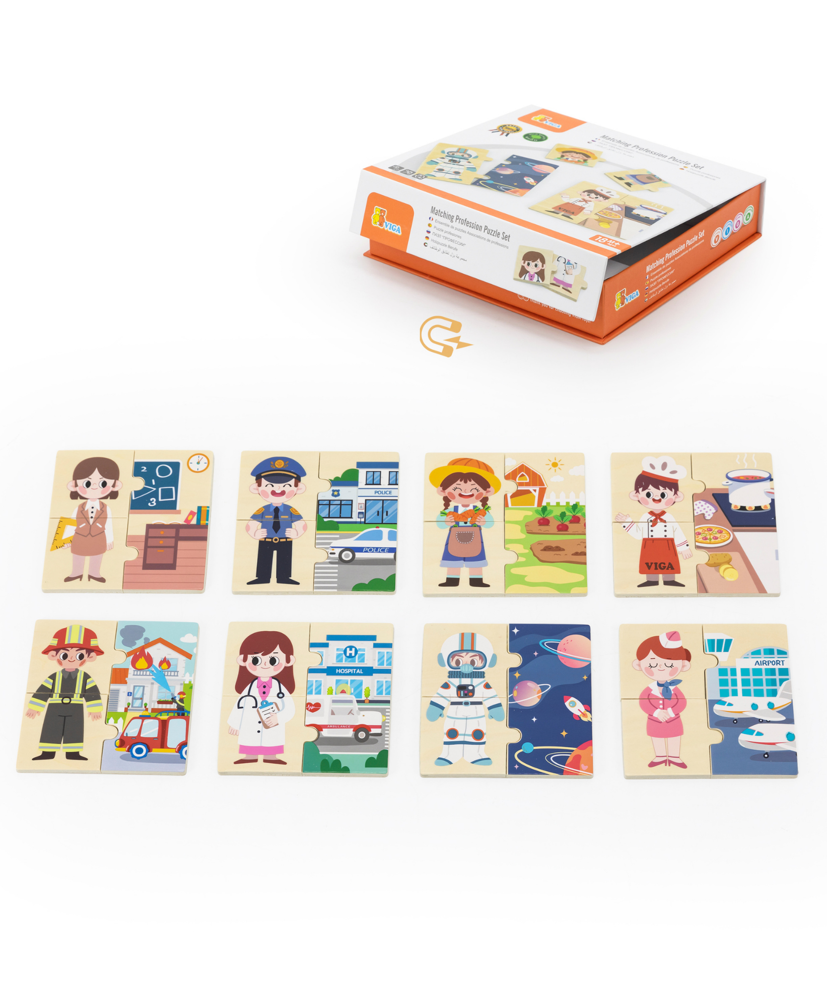 Viga Profession, 32 Piece Mix & Match Puzzle, Montessori Wooden Toy, Develops Sensory, Cognitive & Fine Motor Skills, Non-Toxic & Eco-friendly Kids Educational Toy, Suitable for Children Aged 18M+