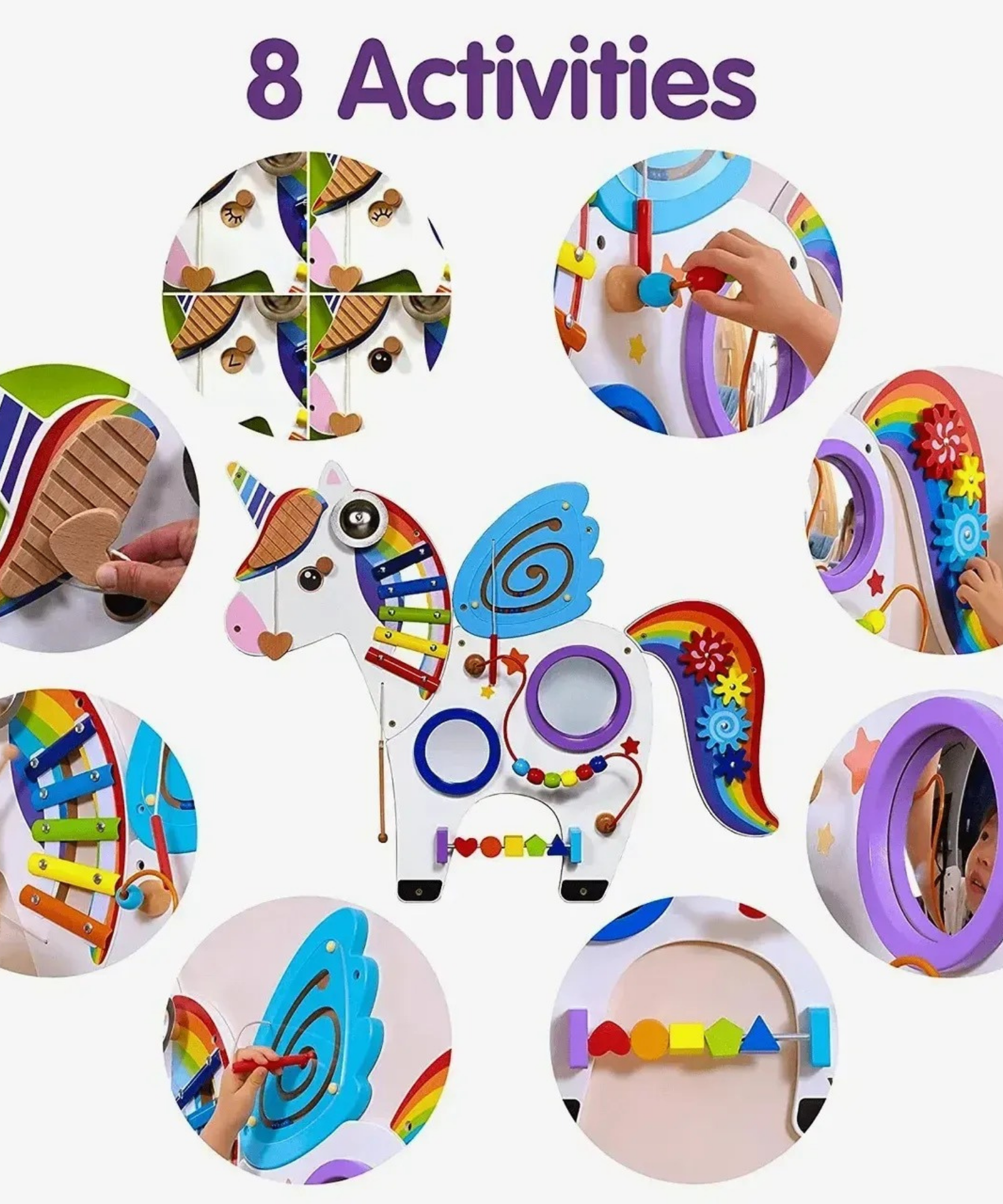 لعبة حائط حسية على شكل وحيد القرن من فيجا، لوحة خشبية متعددة الأنشطة من مونتيسوري مع تروس ومتاهة من الخرز وإكسيليفون، تُنمّي المهارات الحركية والتعلم العاطفي، صديقة للبيئة وغير سامة، للأعمار من 18 شهرًا فما فوق