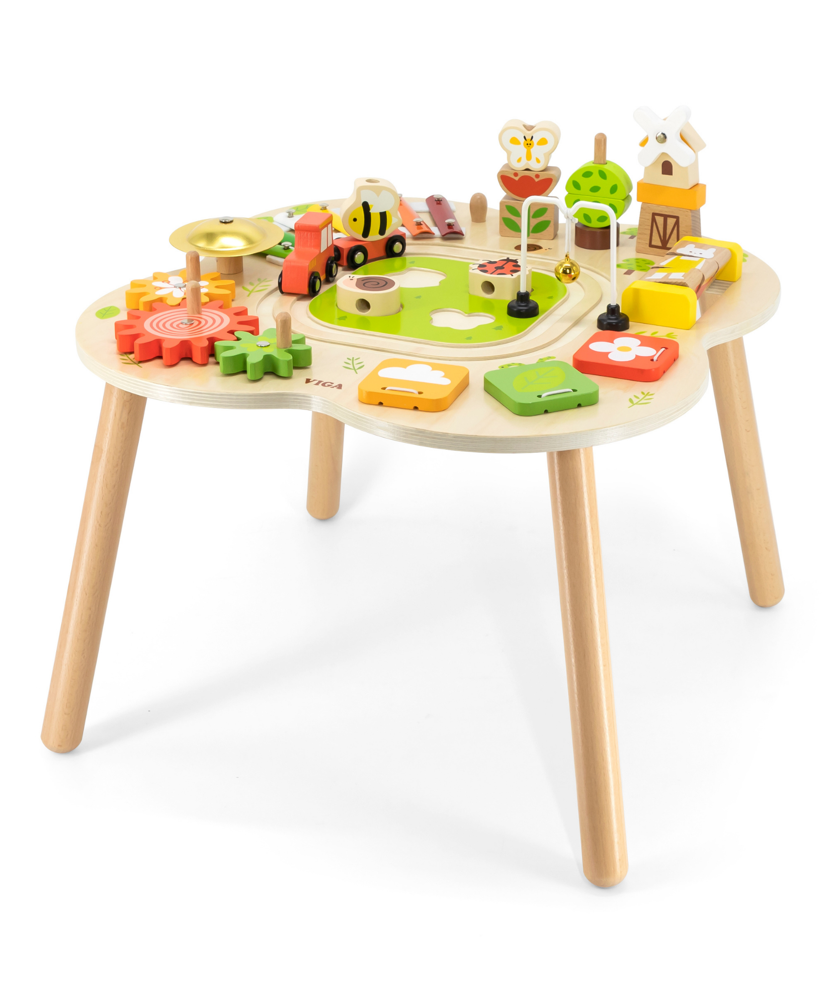 VIGA Farm-Themed Wooden Activity Table, Montessori Educational Toy with Train Track, Gears, Shape Sorter & Xylophone, Develops Fine Motor Skills, Logic & Creativity, for Boys & Girls Ages 18M+